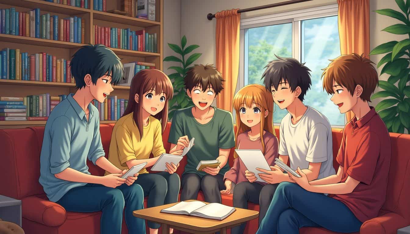A cozy group of young adults enthusiastically discusses their favorite manga in a vibrant, inviting setting filled with books. A cozy group of young adults enthusiastically discusses their favorite manga in a vibrant, inviting setting filled with books.