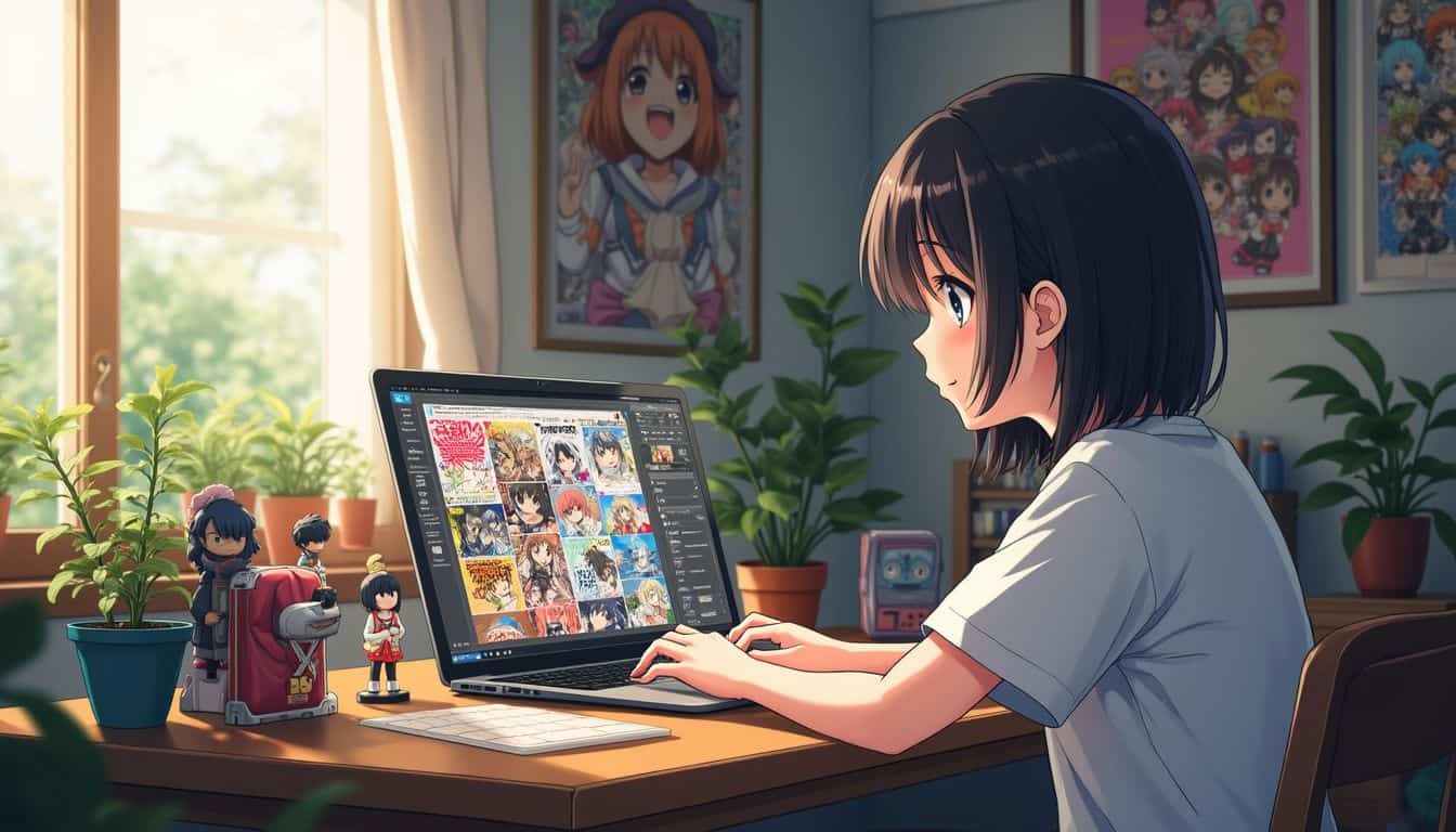 A young adult sits at a desk, immersed in manga artwork and fan discussions on their laptop amid otaku collectibles. A young adult sits at a desk, immersed in manga artwork and fan discussions on their laptop amid otaku collectibles.