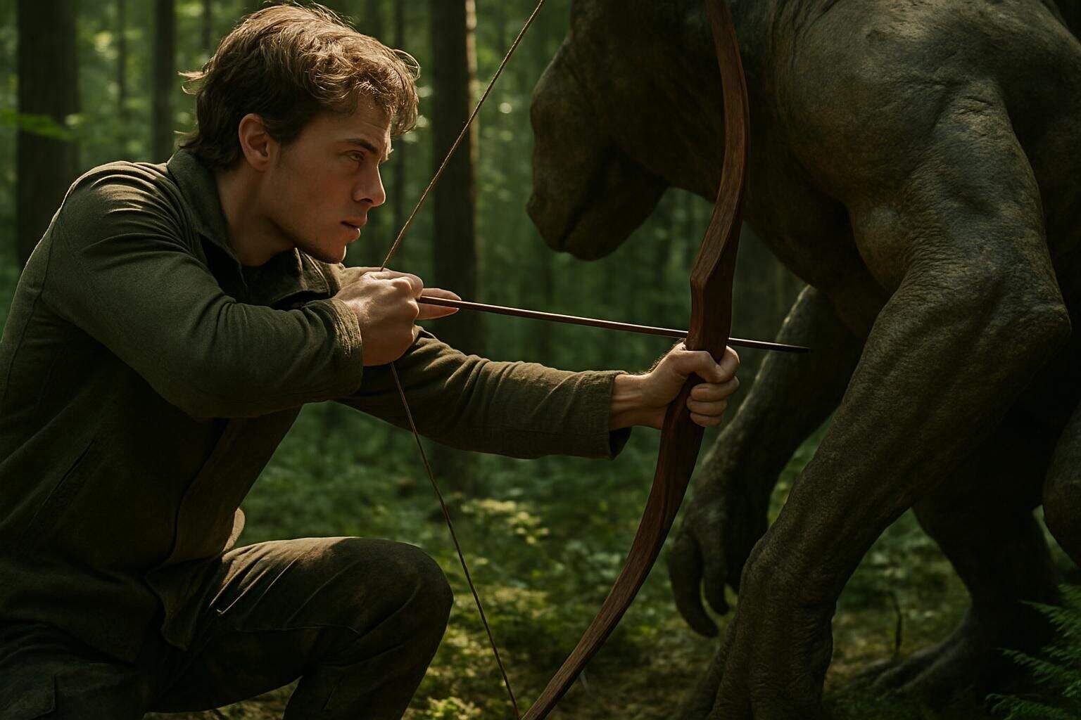 A young hunter confronts a massive, muscular creature in a dense forest, poised for a tense standoff. A young hunter confronts a massive, muscular creature in a dense forest, poised for a tense standoff.
