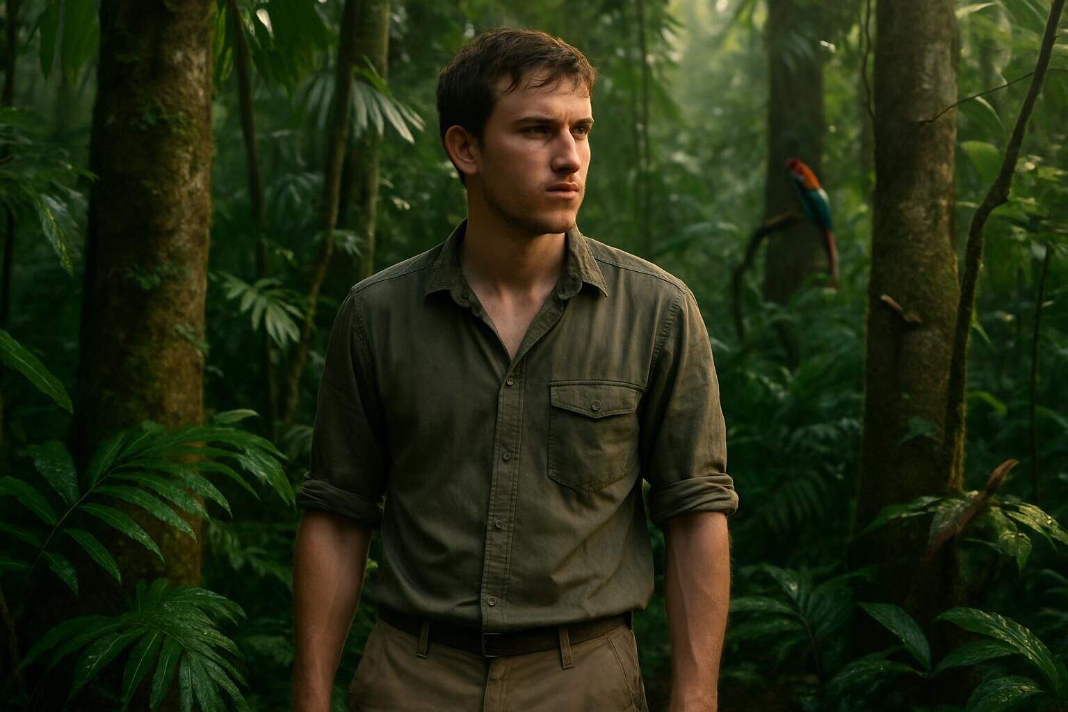 A focused young man stands in a dense jungle, surrounded by lush greenery and wildlife. A focused young man stands in a dense jungle, surrounded by lush greenery and wildlife.
