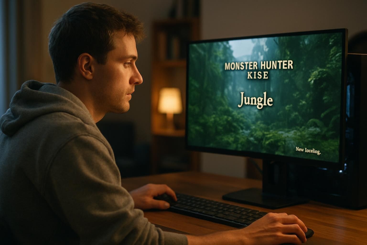 A young man is intensely focused on playing Monster Hunter Rise on his gaming PC. A young man is intensely focused on playing Monster Hunter Rise on his gaming PC.