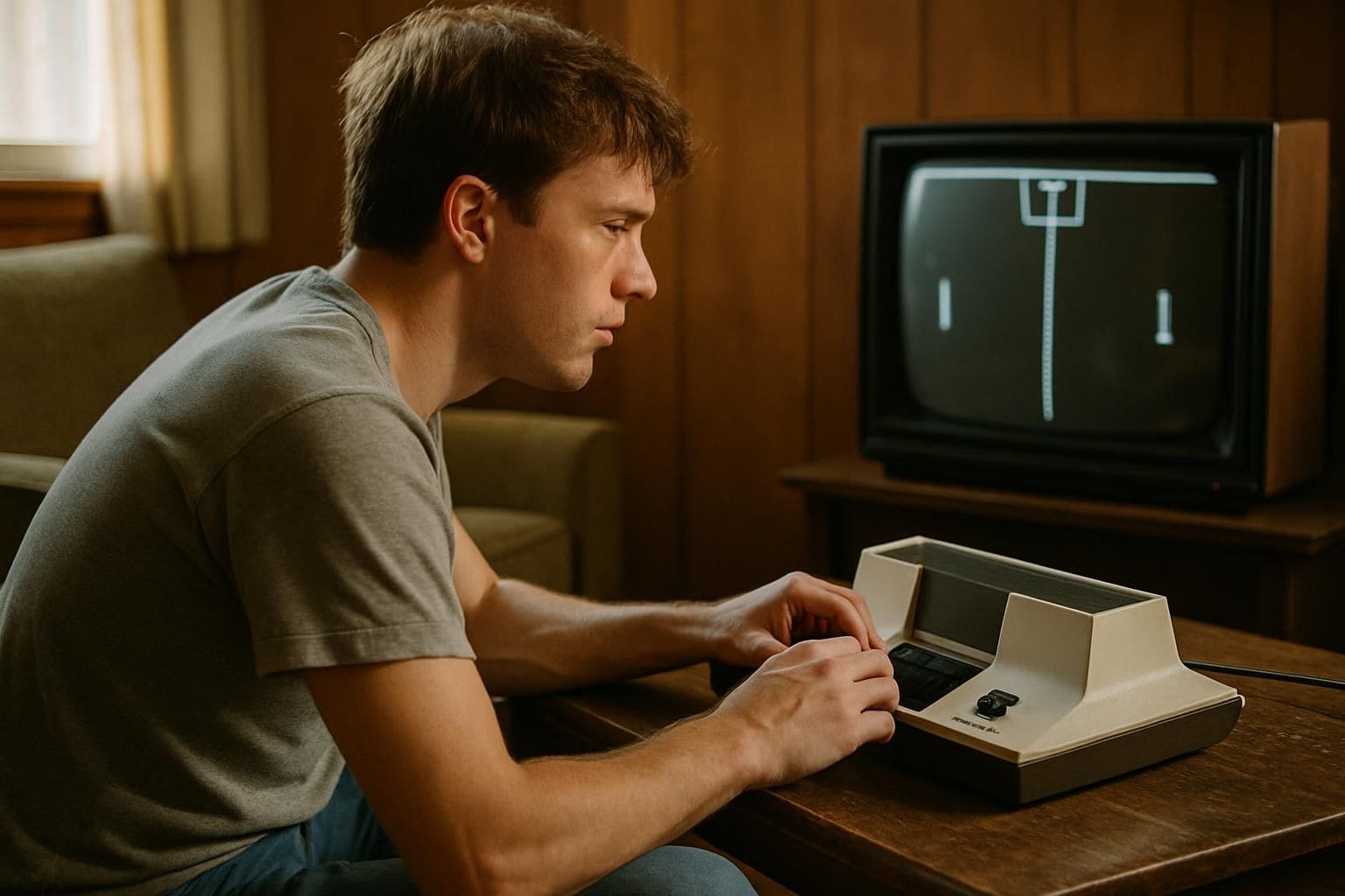 A young man intensely plays a vintage basketball video game on a classic Magnavox Odyssey console in a retro living room. A young man intensely plays a vintage basketball video game on a classic Magnavox Odyssey console in a retro living room.