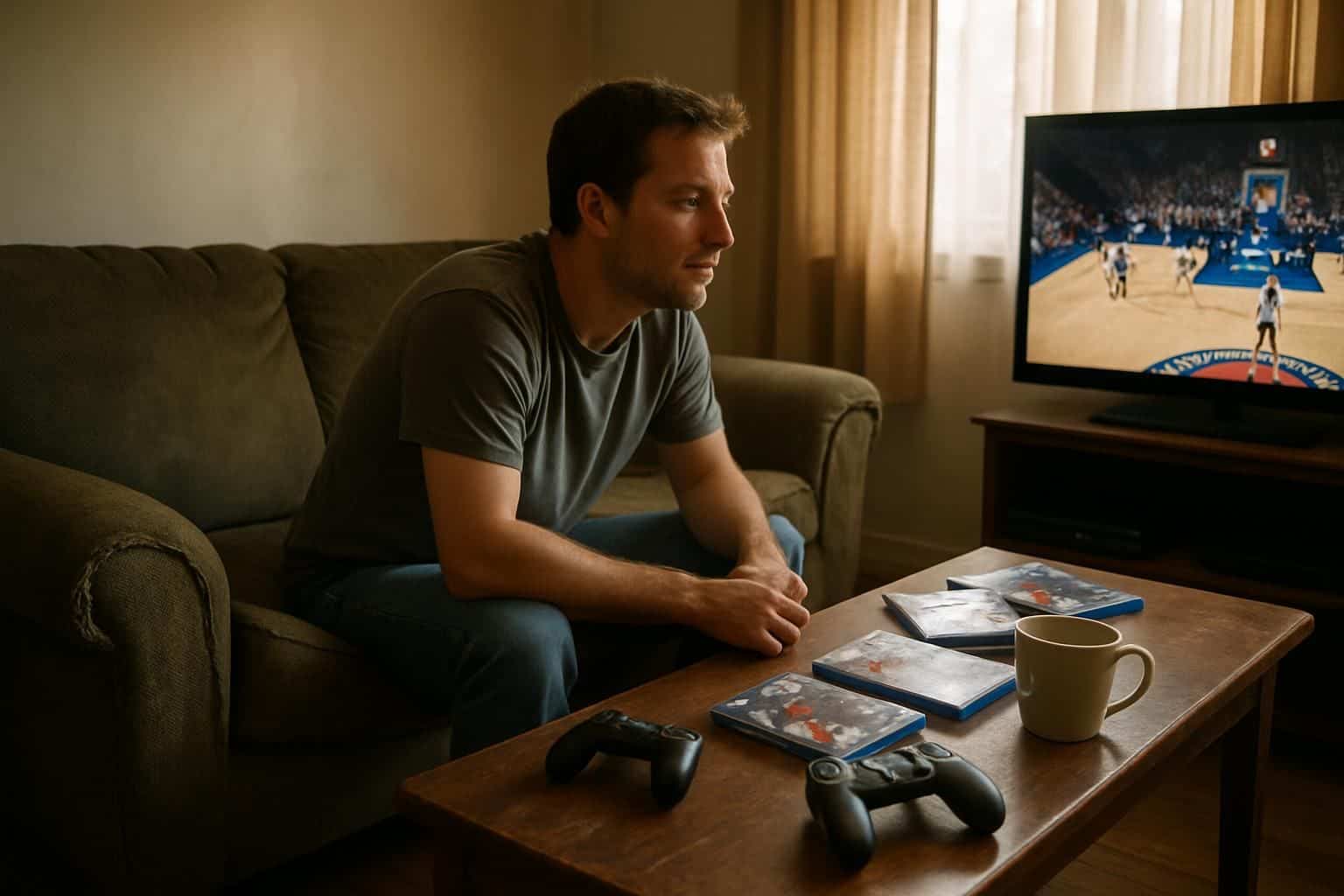 A man in casual attire sits on a worn sofa, focused on a video game displayed on a flat-screen TV. A man in casual attire sits on a worn sofa, focused on a video game displayed on a flat-screen TV.