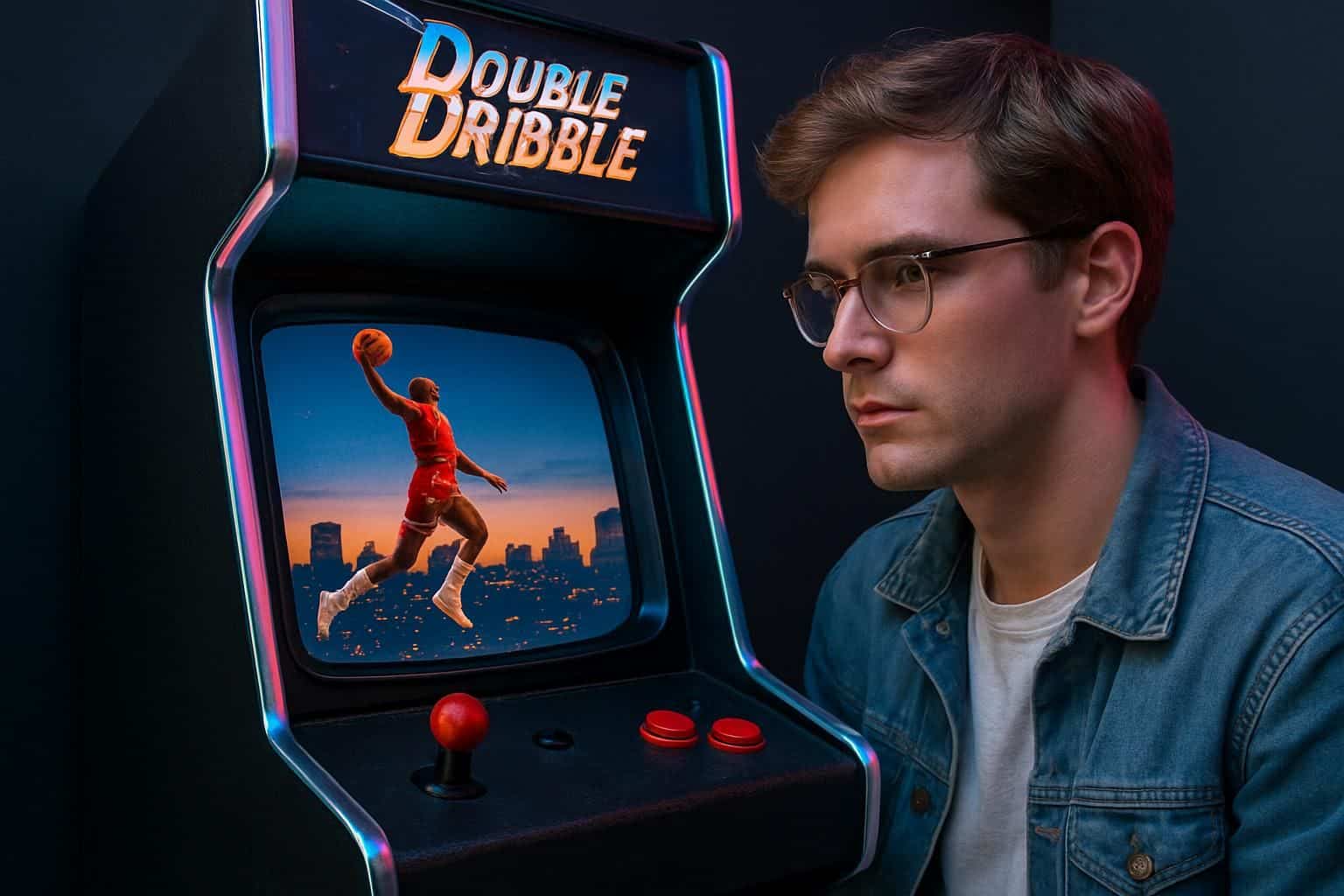 A vintage Double Dribble arcade cabinet is showcased with a young man thoughtfully observing the game on the screen. A vintage Double Dribble arcade cabinet is showcased with a young man thoughtfully observing the game on the screen.