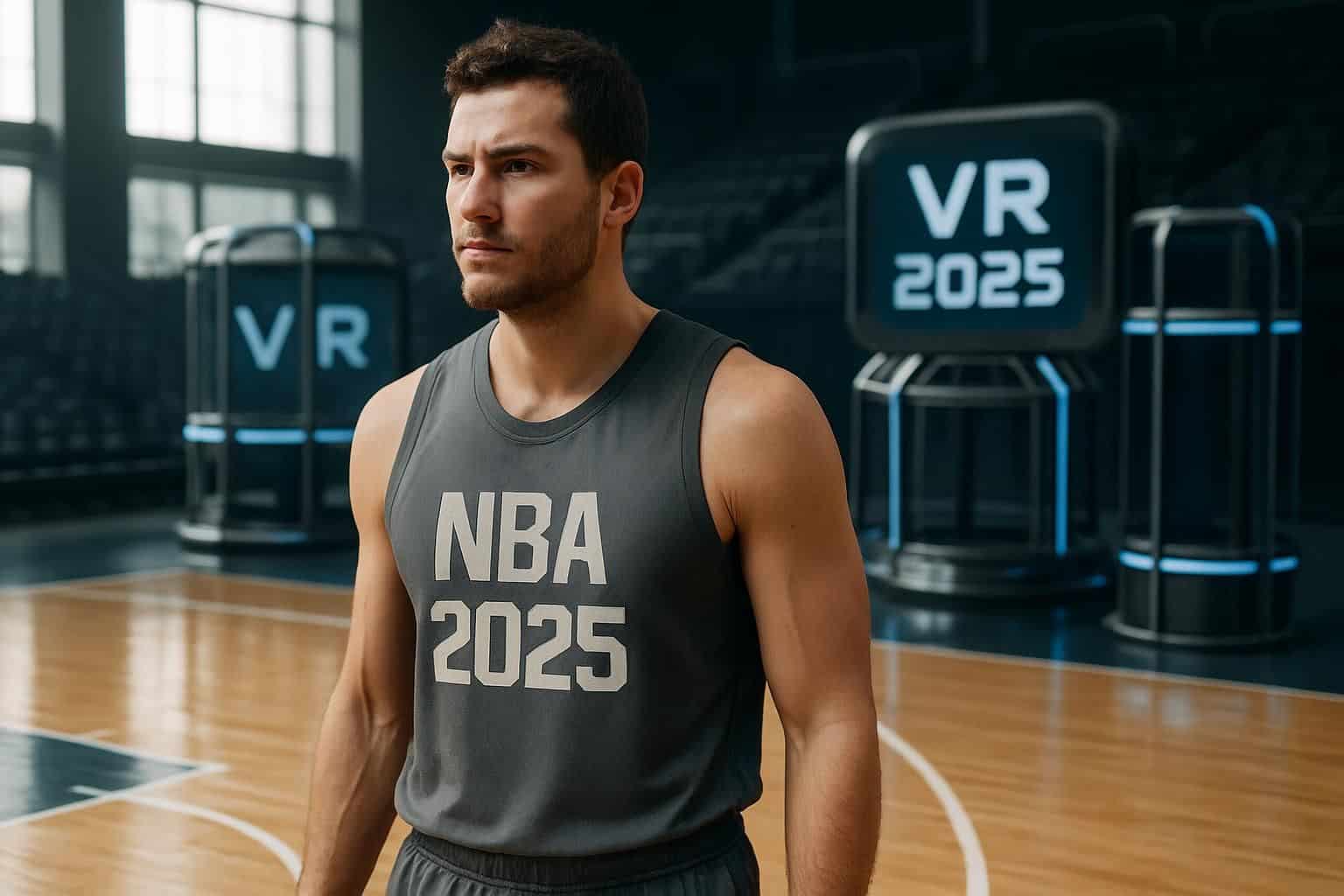 A focused male basketball player stands courtside in a modern virtual reality NBA simulation, showcasing athleticism and advanced technology. A focused male basketball player stands courtside in a modern virtual reality NBA simulation, showcasing athleticism and advanced technology.