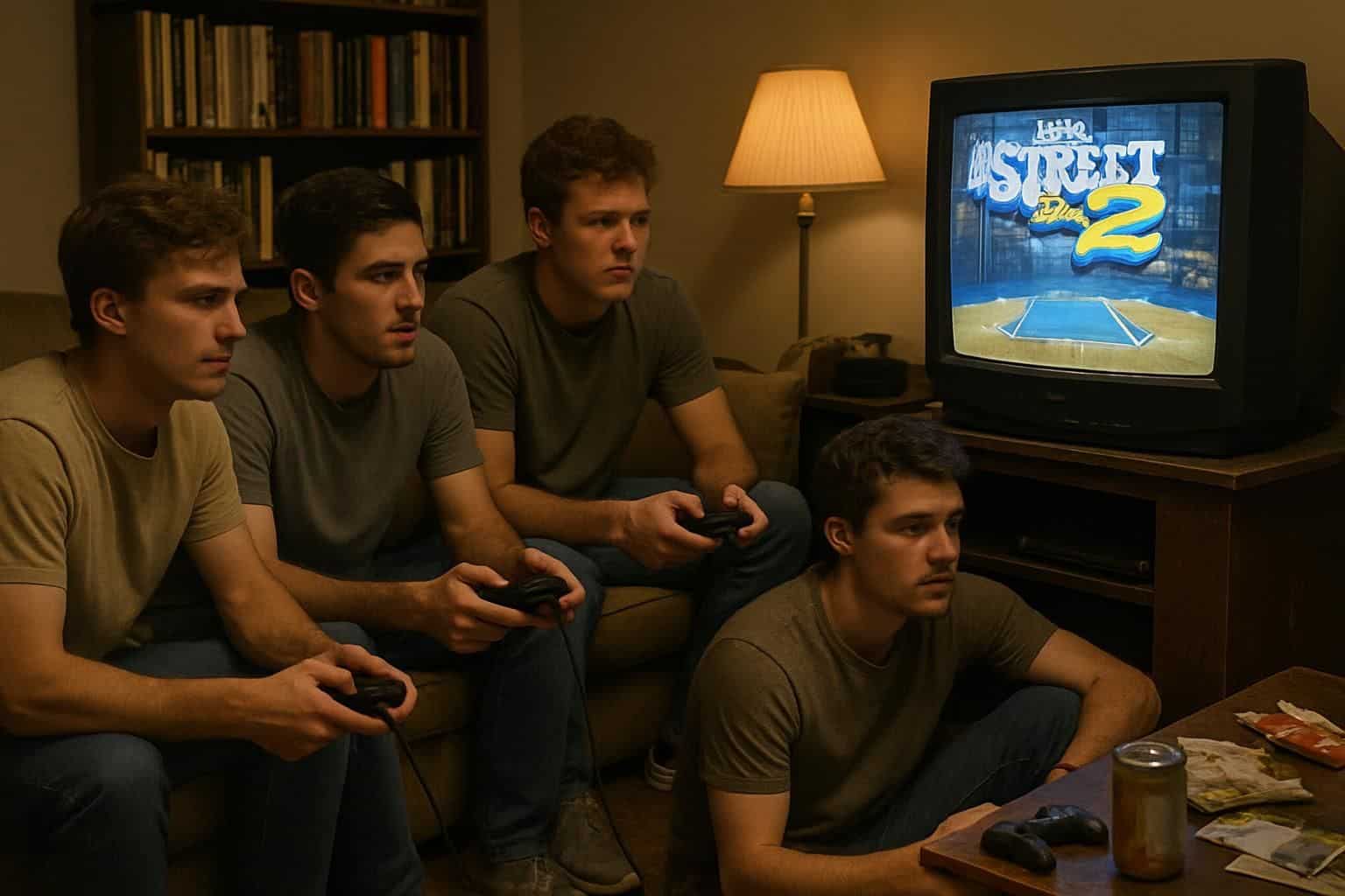 A group of five young men enjoys playing NBA Street Vol. 2 on a vintage CRT television in a cozy living room. A group of five young men enjoys playing NBA Street Vol. 2 on a vintage CRT television in a cozy living room.