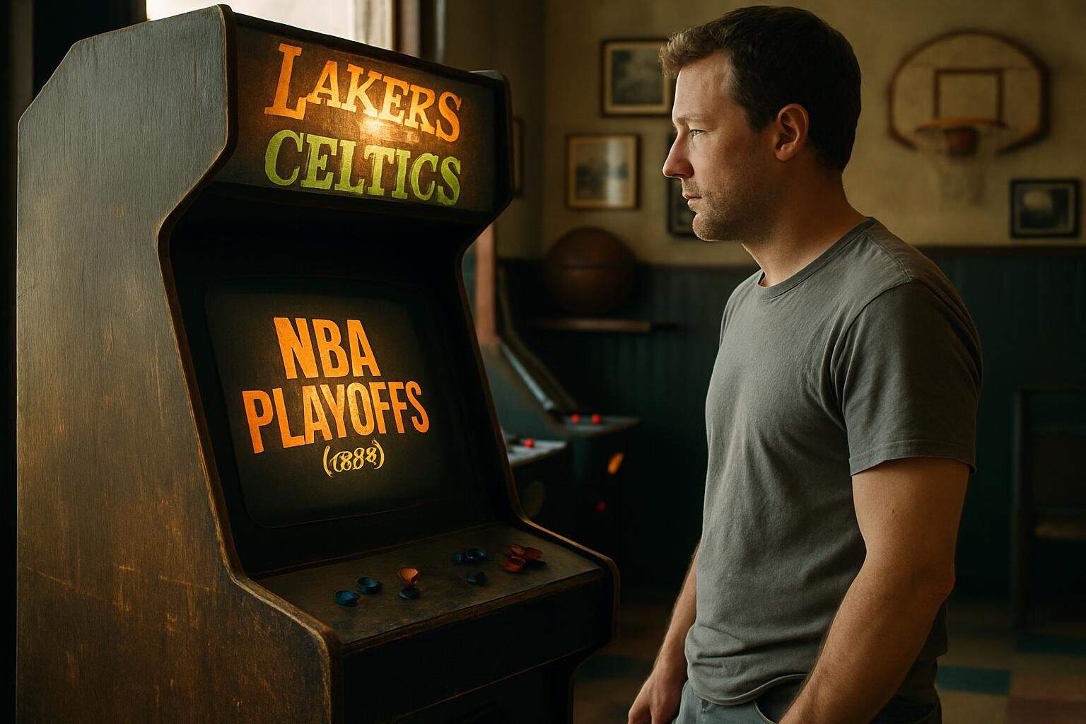 A vintage arcade cabinet for 'Lakers vs Celtics: NBA Playoffs (1989)' stands amidst nostalgic basketball memorabilia and a focused man. A vintage arcade cabinet for 'Lakers vs Celtics: NBA Playoffs (1989)' stands amidst nostalgic basketball memorabilia and a focused man.