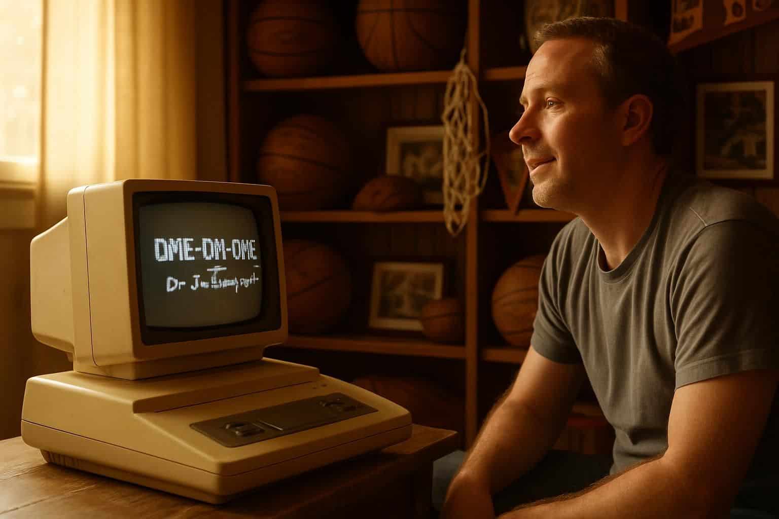A man nostalgically plays 'One-on-One: Dr. J vs Larry Bird' on a vintage video game console surrounded by basketball memorabilia. A man nostalgically plays 'One-on-One: Dr. J vs Larry Bird' on a vintage video game console surrounded by basketball memorabilia.