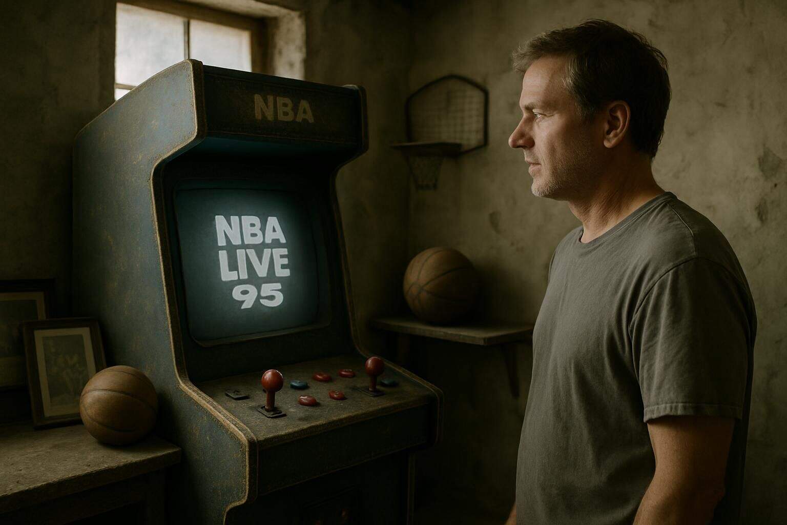 An aged NBA Live 95 arcade machine stands surrounded by nostalgic sports memorabilia in a dim basement. An aged NBA Live 95 arcade machine stands surrounded by nostalgic sports memorabilia in a dim basement.