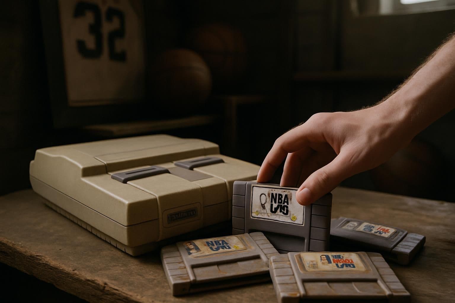 An aged retro gaming console sits on a wooden table, surrounded by worn NBA game cartridges and vintage memorabilia. An aged retro gaming console sits on a wooden table, surrounded by worn NBA game cartridges and vintage memorabilia.