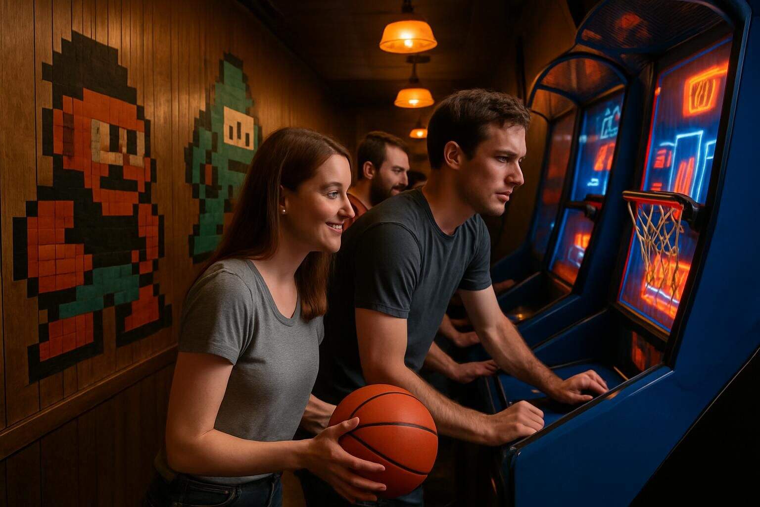 A group of adults enjoys playing classic basketball arcade games amidst vintage arcade decor and retro pixel art murals. A group of adults enjoys playing classic basketball arcade games amidst vintage arcade decor and retro pixel art murals.