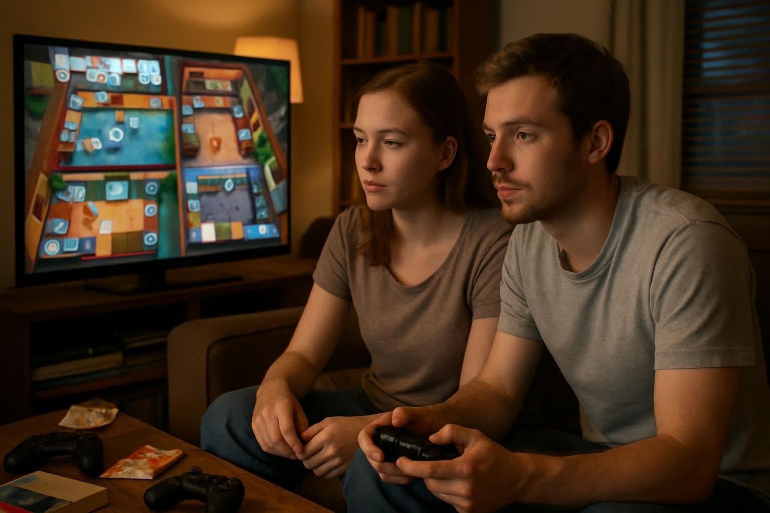 A young couple sits closely on a couch, focused on playing Overcooked 2 on a large TV. A young couple sits closely on a couch, focused on playing Overcooked 2 on a large TV.