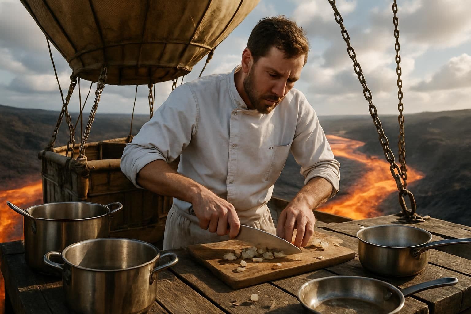 A chef expertly navigates a chaotic kitchen on a hot air balloon above a river of molten lava. A chef expertly navigates a chaotic kitchen on a hot air balloon above a river of molten lava.