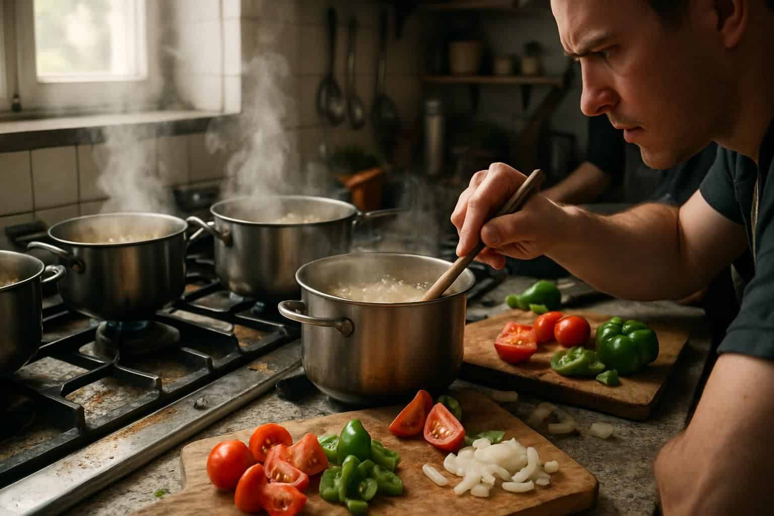 A busy kitchen showcases intense cooking activity with bubbling pots, chopped vegetables, and focused chefs collaborating on a meal. A busy kitchen showcases intense cooking activity with bubbling pots, chopped vegetables, and focused chefs collaborating on a meal.