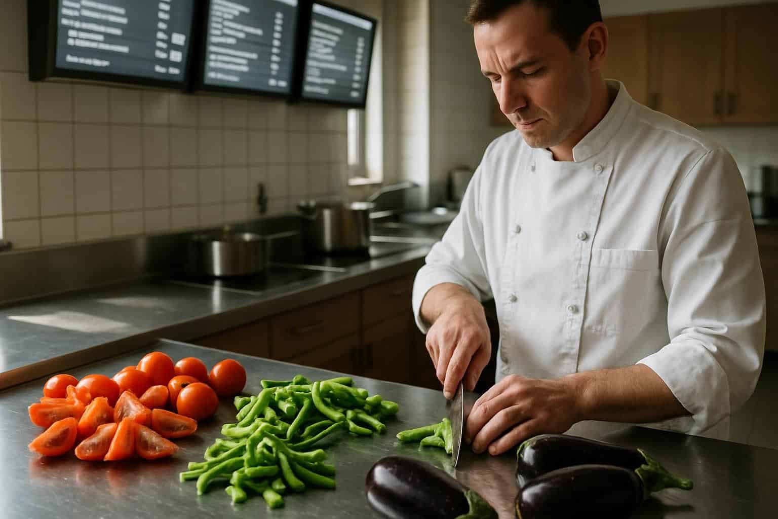 A busy kitchen scene features a focused cook preparing vibrant, freshly chopped vegetables on polished stainless steel countertops. A busy kitchen scene features a focused cook preparing vibrant, freshly chopped vegetables on polished stainless steel countertops.