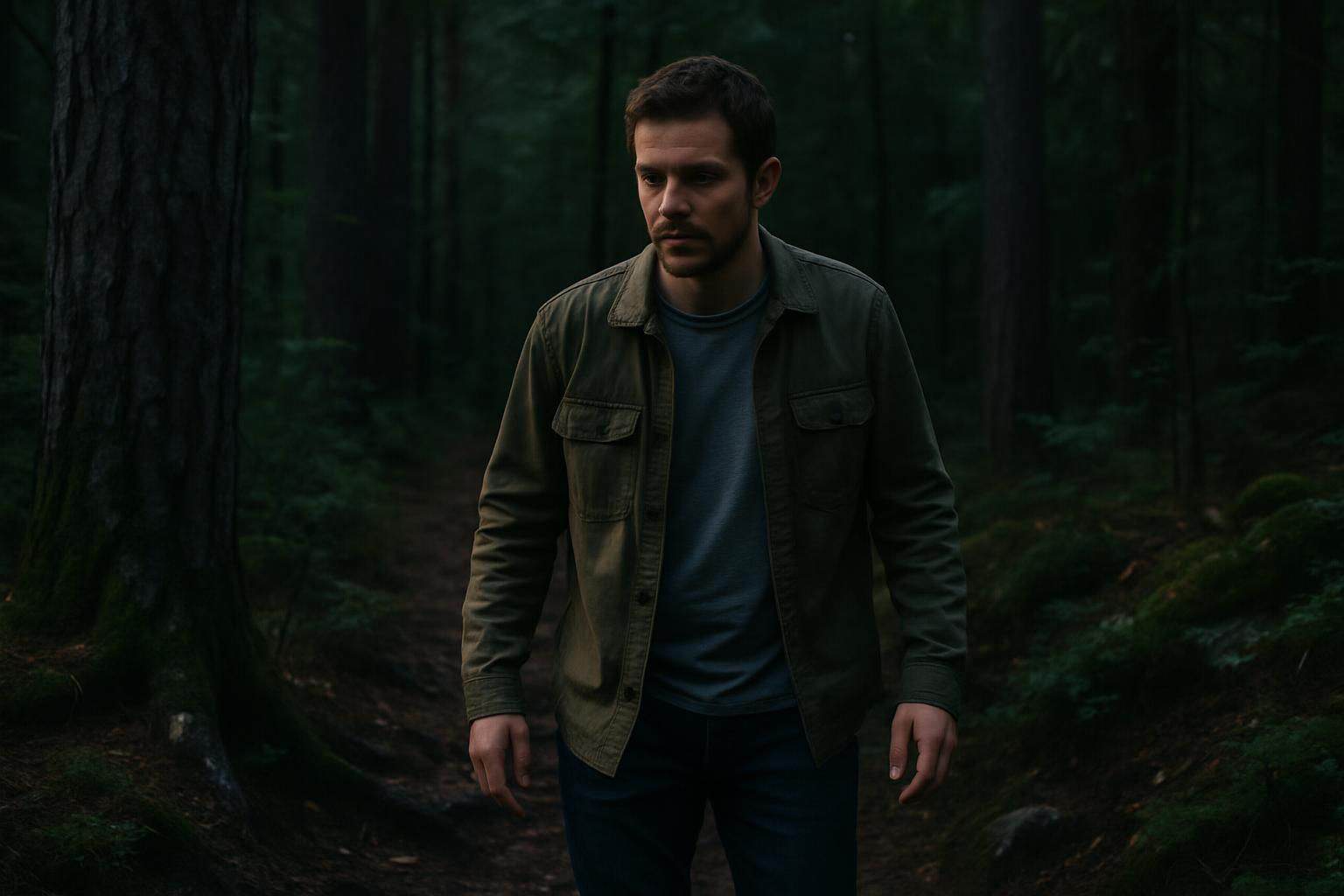 A man in an olive-green jacket carefully navigates a forest path, surrounded by towering trees and damp foliage. A man in an olive-green jacket carefully navigates a forest path, surrounded by towering trees and damp foliage.