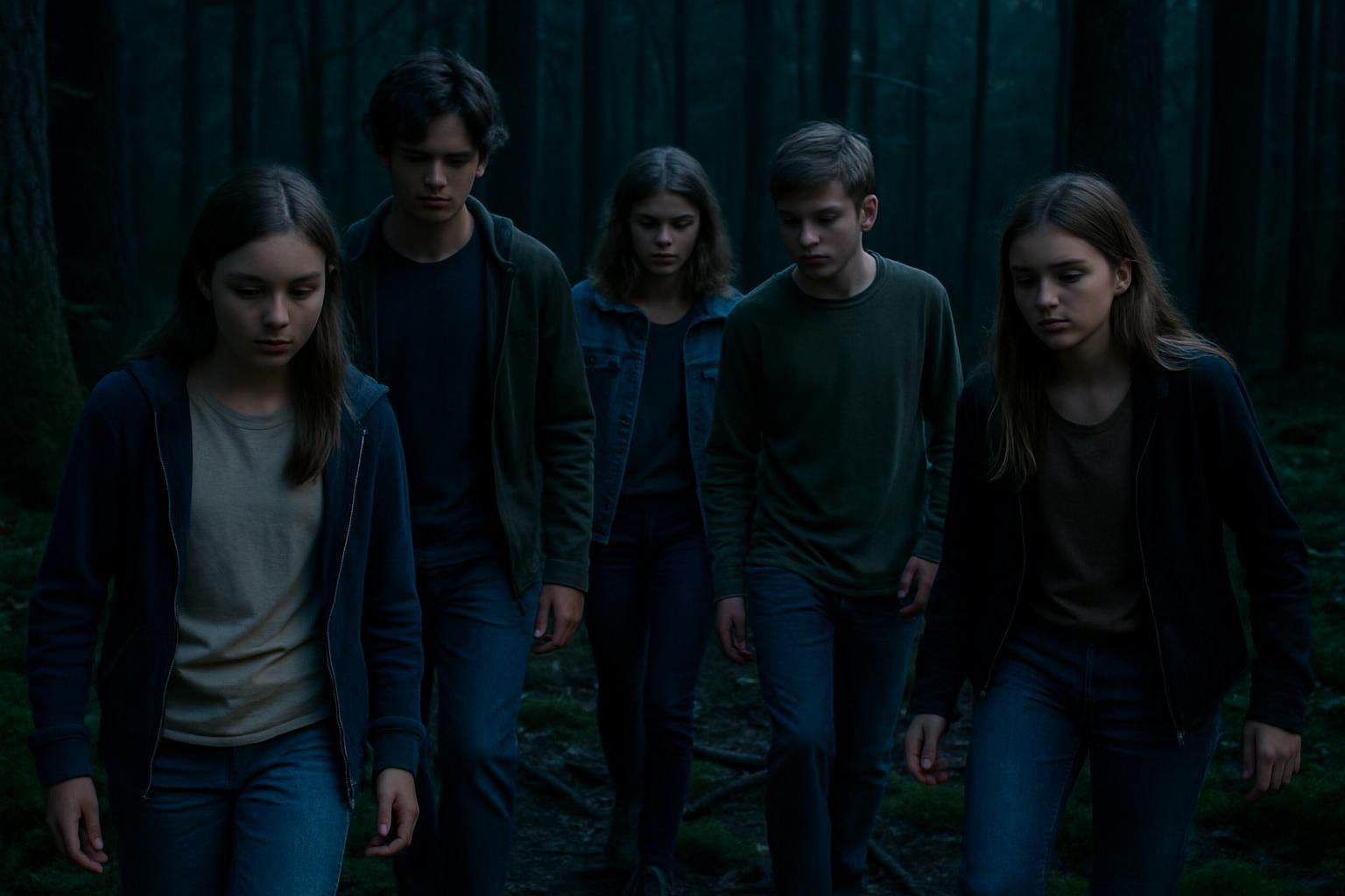 Five teenagers cautiously explore a dense forest at night, navigating over mossy ground and scattered twigs. Five teenagers cautiously explore a dense forest at night, navigating over mossy ground and scattered twigs.
