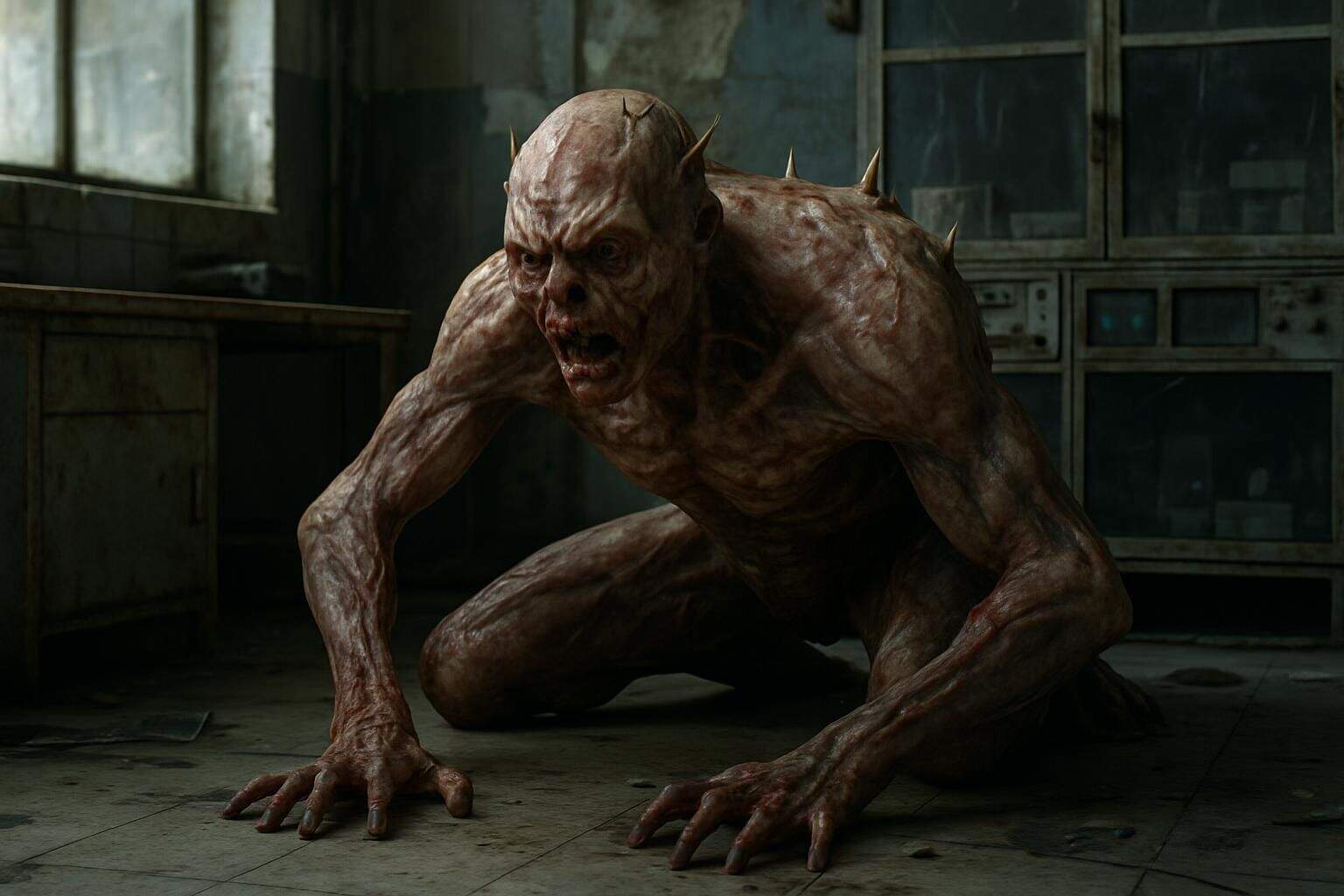 A grotesque creature emerges from an abandoned lab, its contorted form evoking agony and primal menace in a decaying environment. A grotesque creature emerges from an abandoned lab, its contorted form evoking agony and primal menace in a decaying environment.