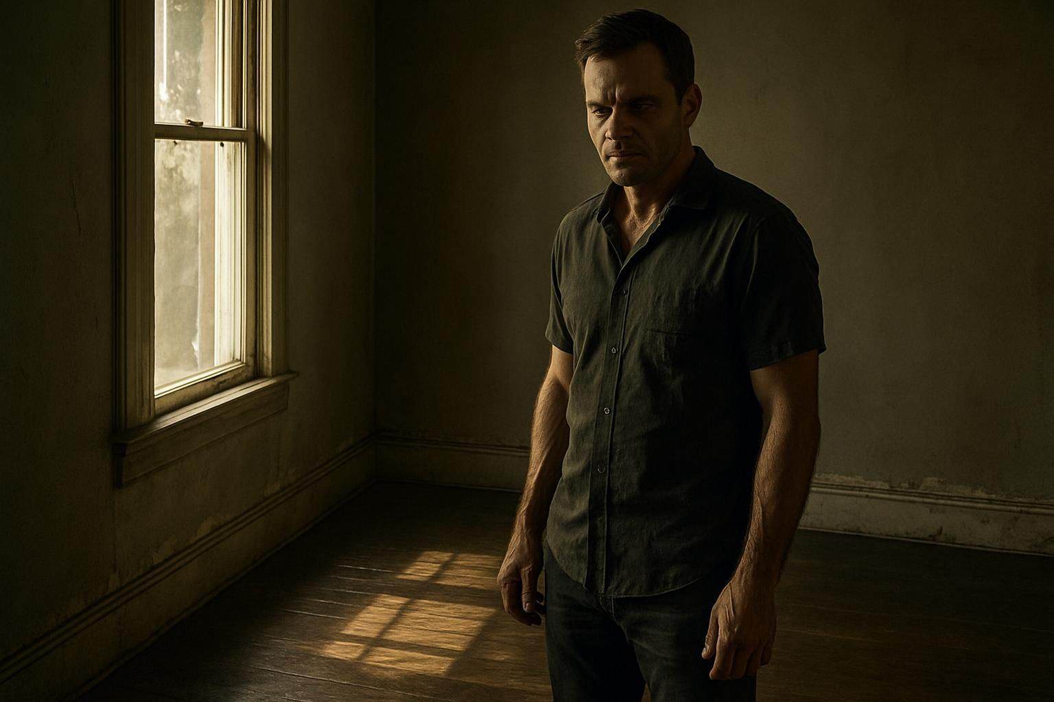 A tense man stands in a dim, worn room, exuding a sense of quiet menace amidst the gritty surroundings. A tense man stands in a dim, worn room, exuding a sense of quiet menace amidst the gritty surroundings.