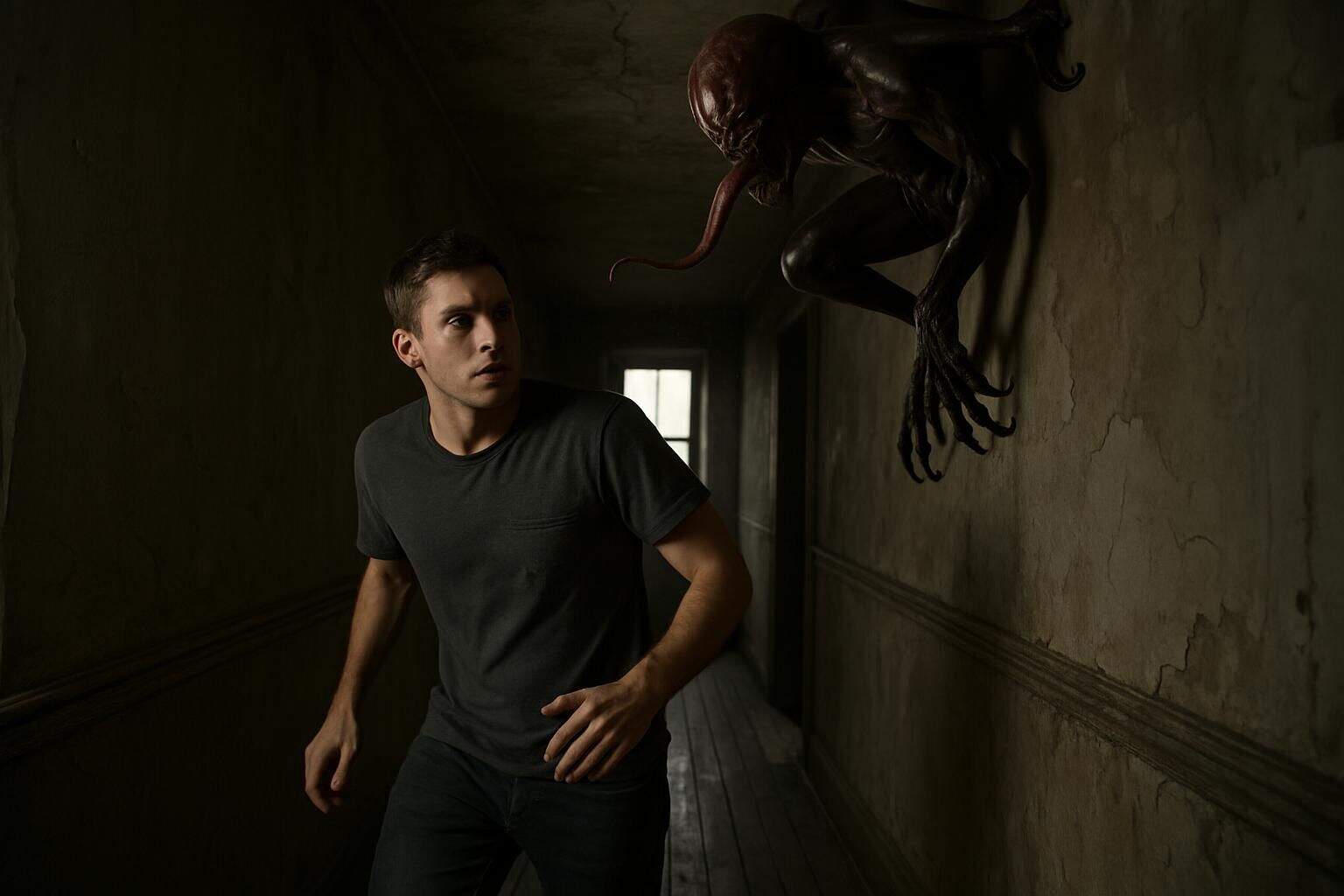 A cautious man descends worn floorboards while a Licker creature lurks above, creating a tense, suspenseful moment. A cautious man descends worn floorboards while a Licker creature lurks above, creating a tense, suspenseful moment.