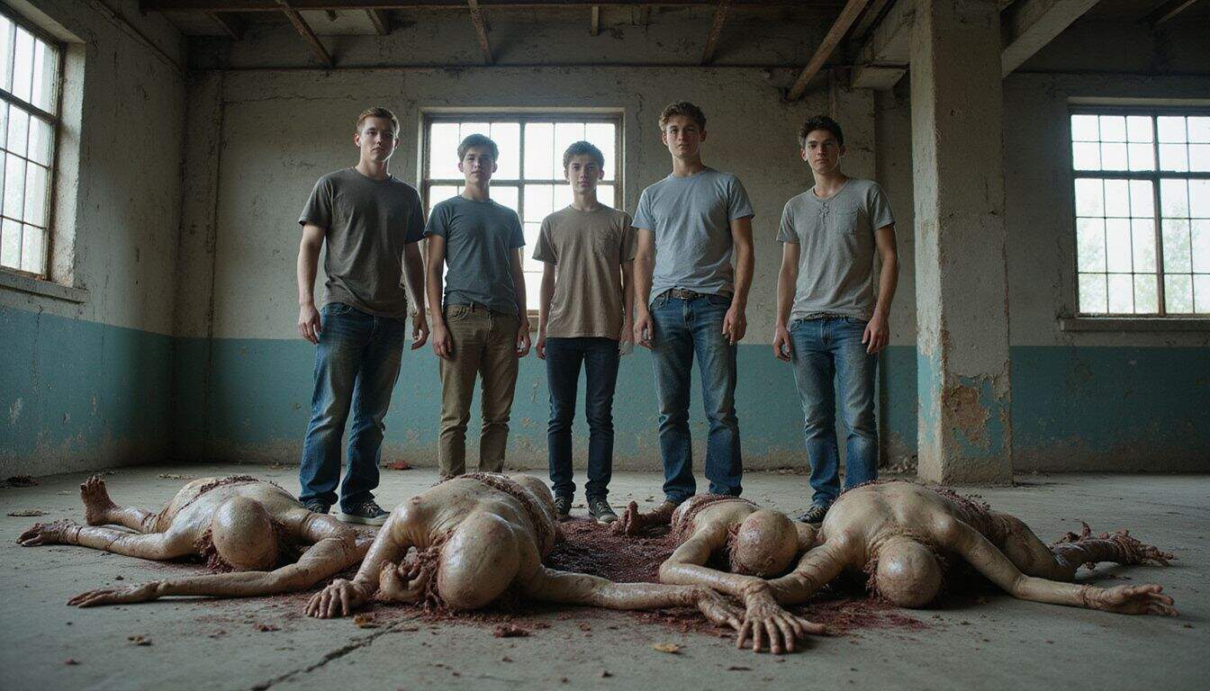 A group of six teenagers stands in a dilapidated industrial space surrounded by grotesquely mutated, parasitically infected bodies. A group of six teenagers stands in a dilapidated industrial space surrounded by grotesquely mutated, parasitically infected bodies.