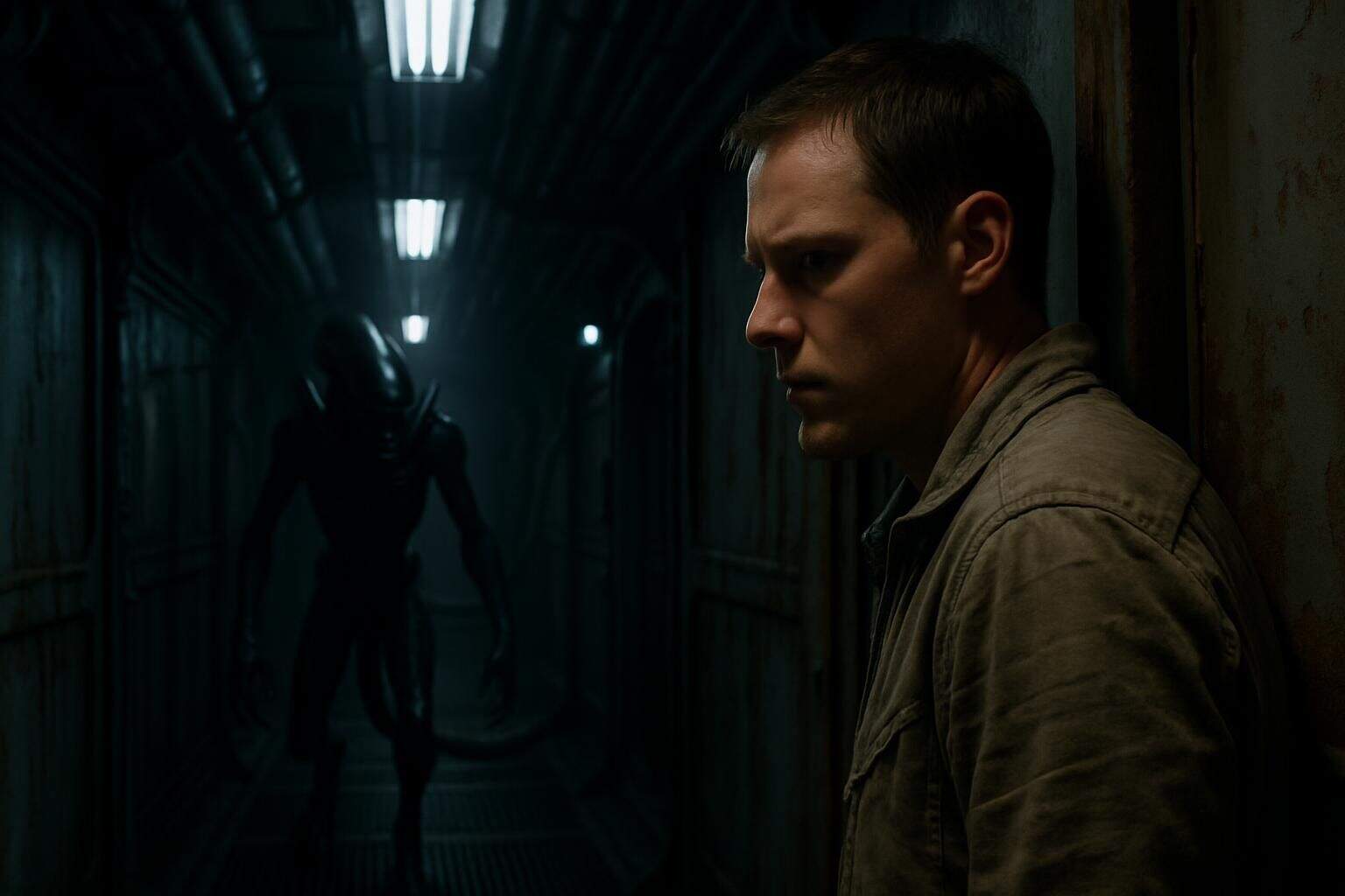 A tense individual in a worn flight suit confronts an unseen AI-controlled Xenomorph in a dimly lit spaceship corridor. A tense individual in a worn flight suit confronts an unseen AI-controlled Xenomorph in a dimly lit spaceship corridor.
