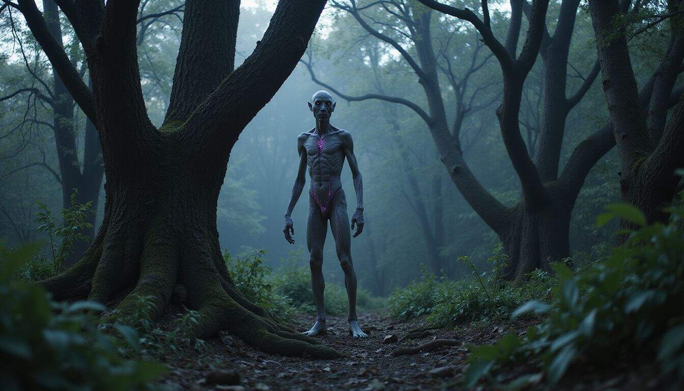 A gaunt, humanoid figure stands in a misty forest, exhibiting elongated limbs and glowing purple veins. A gaunt, humanoid figure stands in a misty forest, exhibiting elongated limbs and glowing purple veins.