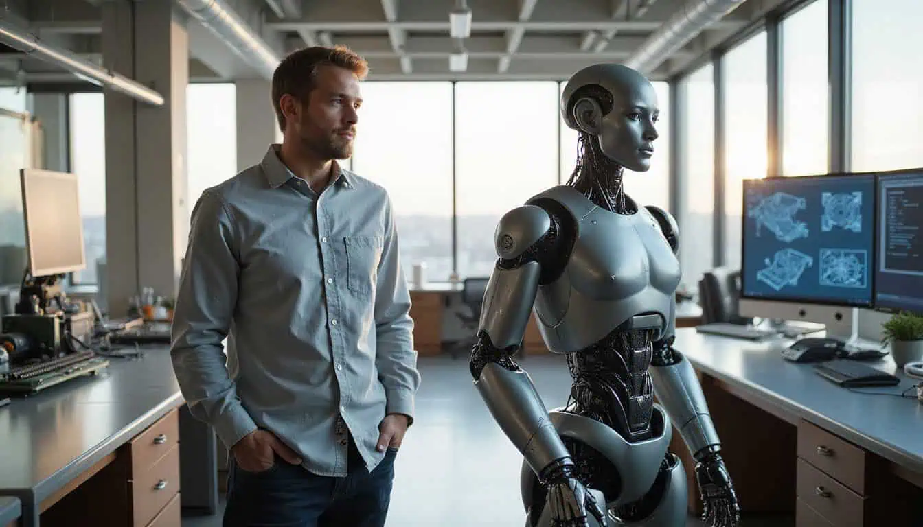 A man engages in conversation with a lifelike humanoid robot in a modern technology lab filled with robotic components. A man engages in conversation with a lifelike humanoid robot in a modern technology lab filled with robotic components.
