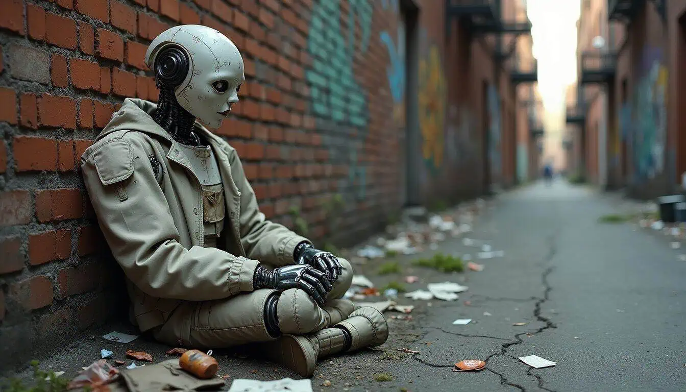 An abandoned humanoid robot slumps against a brick wall in a neglected urban alley, surrounded by debris and graffiti. An abandoned humanoid robot slumps against a brick wall in a neglected urban alley, surrounded by debris and graffiti.
