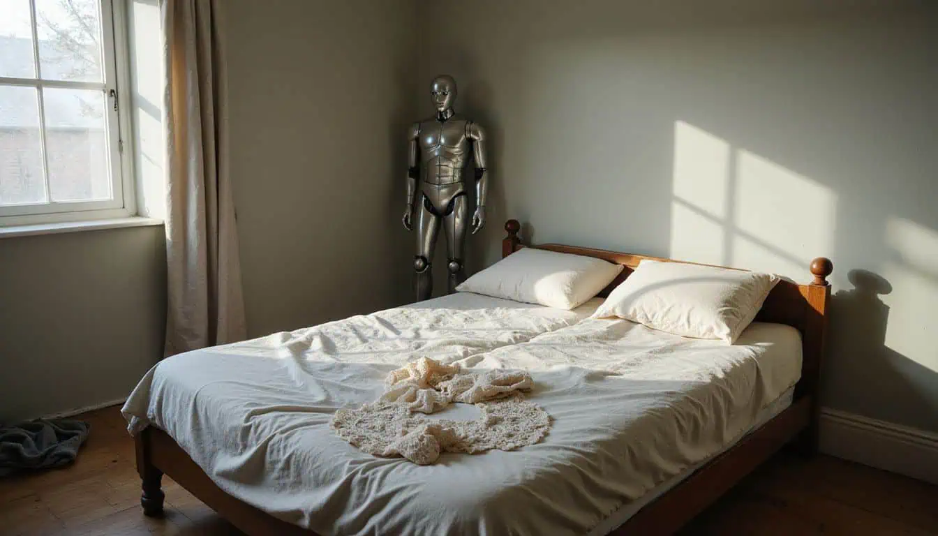 A modest bedroom features a single bed with lingerie and a humanoid robot, highlighting themes of intimacy and objectification. A modest bedroom features a single bed with lingerie and a humanoid robot, highlighting themes of intimacy and objectification.