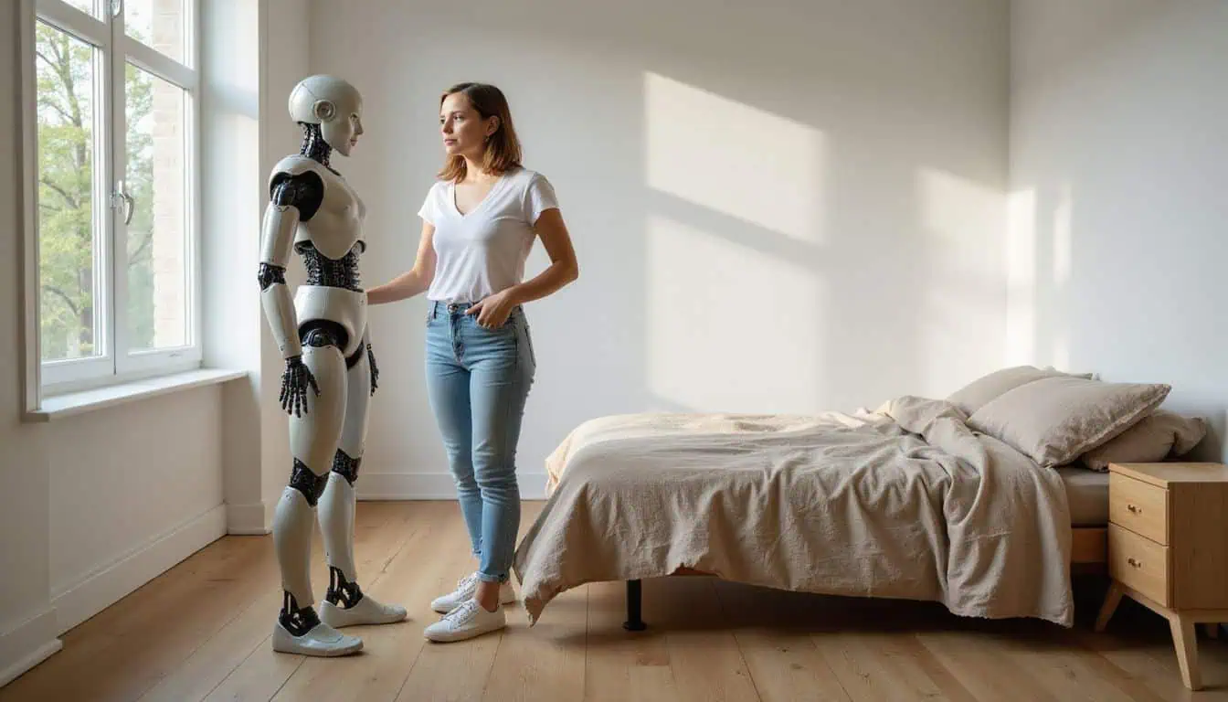 A woman stands beside a lifelike sex robot in a minimalist, tidy bedroom. A woman stands beside a lifelike sex robot in a minimalist, tidy bedroom.