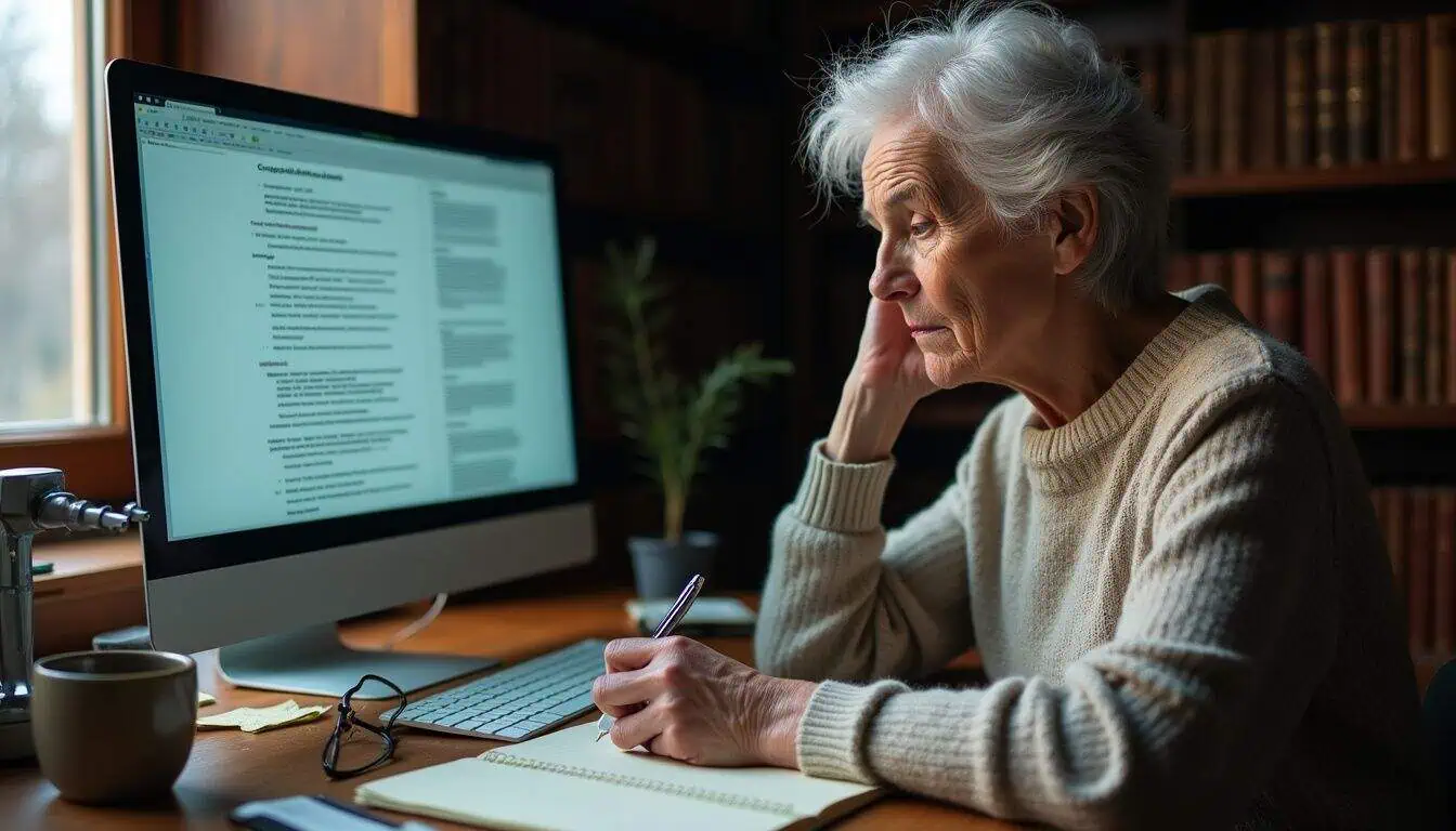 An elderly woman contemplates complex legal issues regarding AI sex robots at a cluttered wooden desk. An elderly woman contemplates complex legal issues regarding AI sex robots at a cluttered wooden desk.