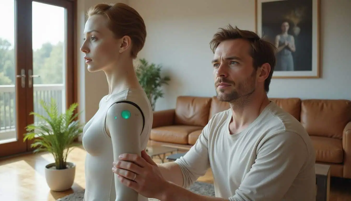 A man interacts thoughtfully with a lifelike female robot in a modern, minimalist living room. A man interacts thoughtfully with a lifelike female robot in a modern, minimalist living room.