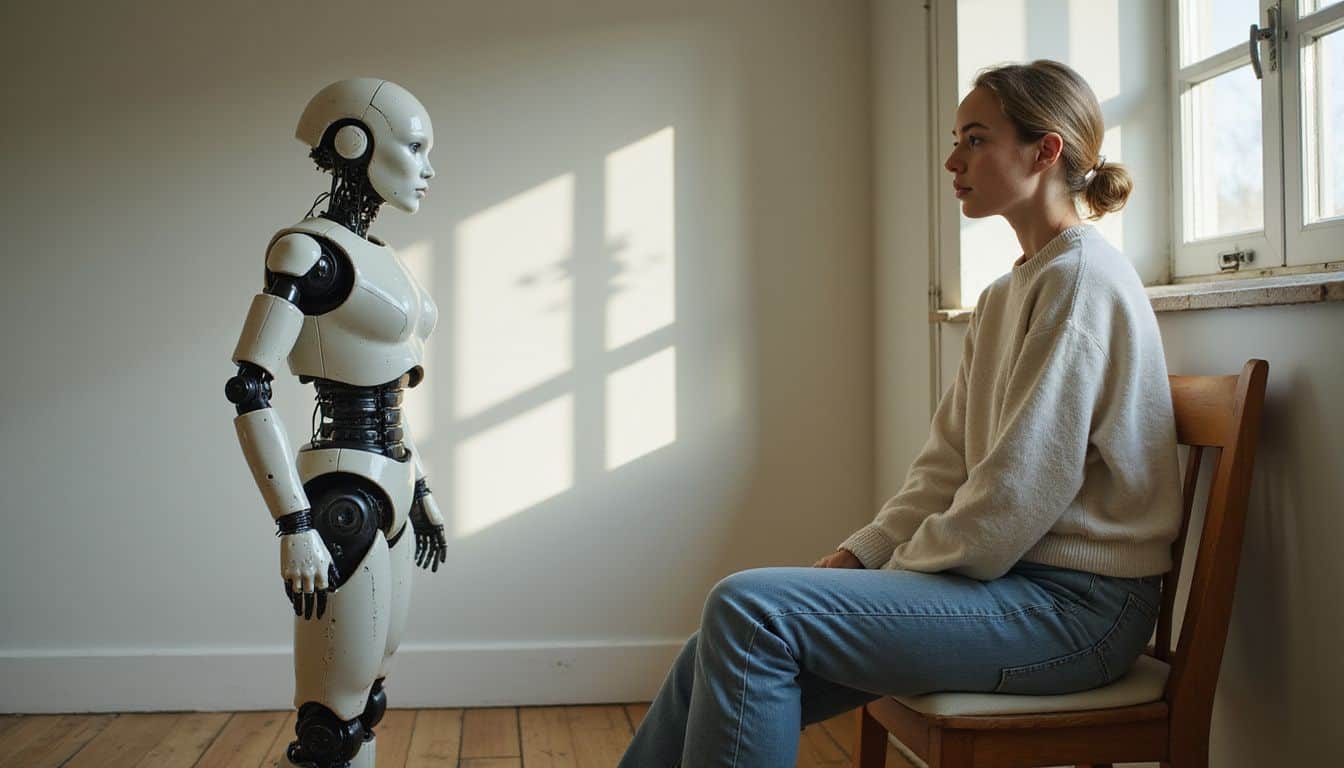 A woman in casual attire sits thoughtfully near a humanoid robot in a sparsely furnished room. A woman in casual attire sits thoughtfully near a humanoid robot in a sparsely furnished room.