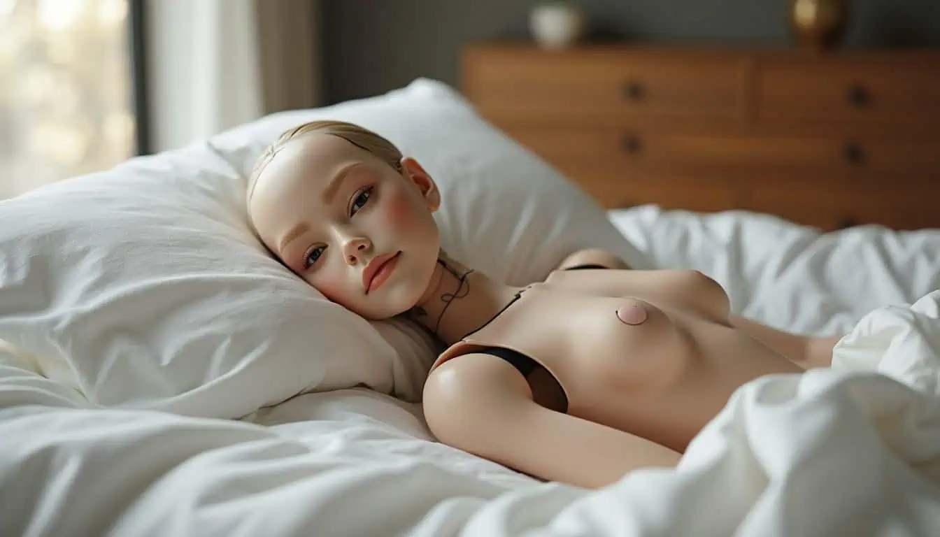 A realistic sex robot reclines on a bed in a modern, minimalist bedroom, showcasing intricate skin details and lifelike features. A realistic sex robot reclines on a bed in a modern, minimalist bedroom, showcasing intricate skin details and lifelike features.