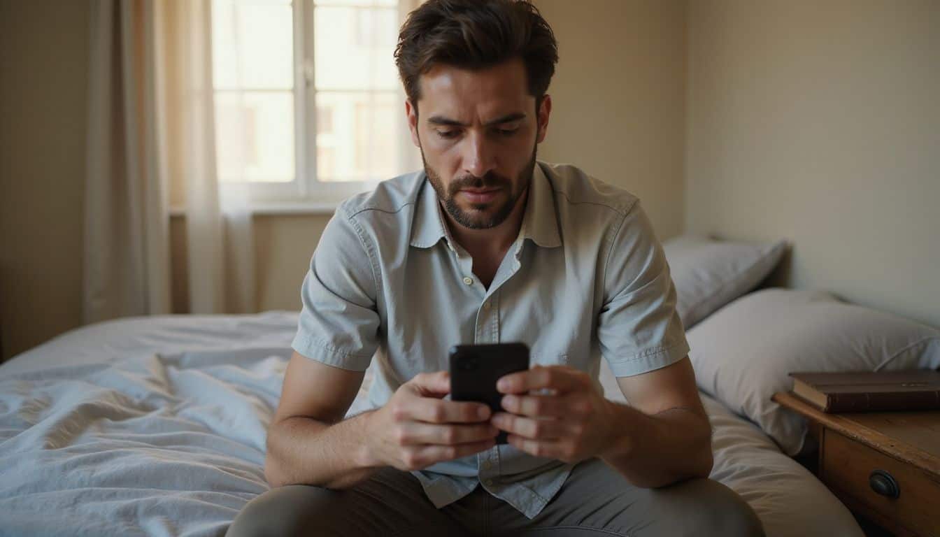 A focused man in casual attire sits on a bed, intently customizing settings on his smartphone in a simple bedroom. A focused man in casual attire sits on a bed, intently customizing settings on his smartphone in a simple bedroom.
