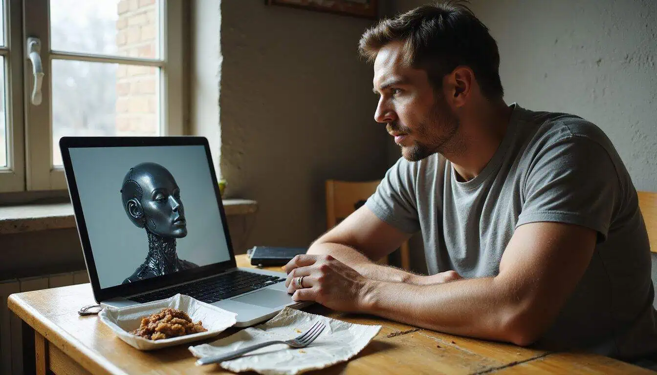 A man in a casual setting studies a 3D robot model while surrounded by science fiction magazines and takeout containers. A man in a casual setting studies a 3D robot model while surrounded by science fiction magazines and takeout containers.