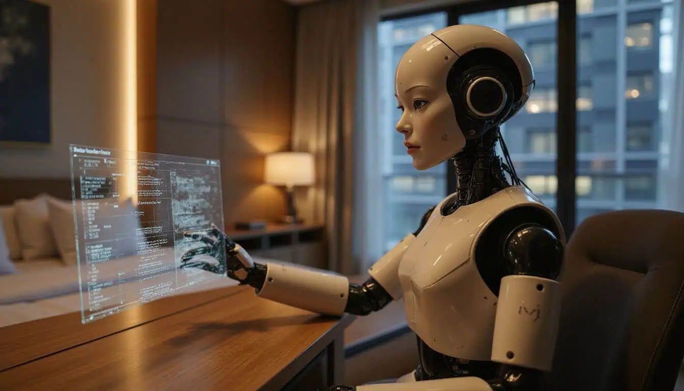 A lifelike humanoid robot interacts with a holographic display in a modern, stylish bedroom. A lifelike humanoid robot interacts with a holographic display in a modern, stylish bedroom.