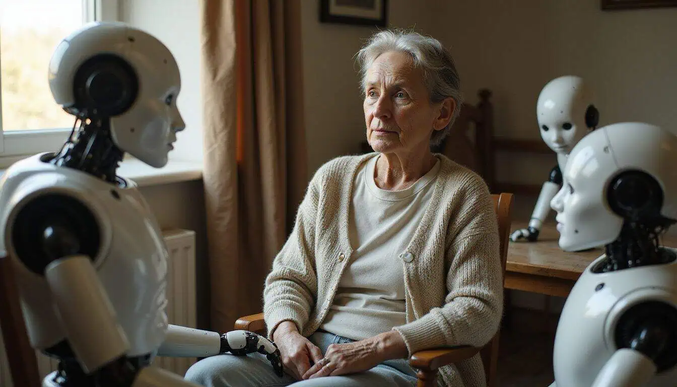 An elderly woman sits in a modest room surrounded by humanoid robots, conveying a sense of quiet contemplation and interaction. An elderly woman sits in a modest room surrounded by humanoid robots, conveying a sense of quiet contemplation and interaction.