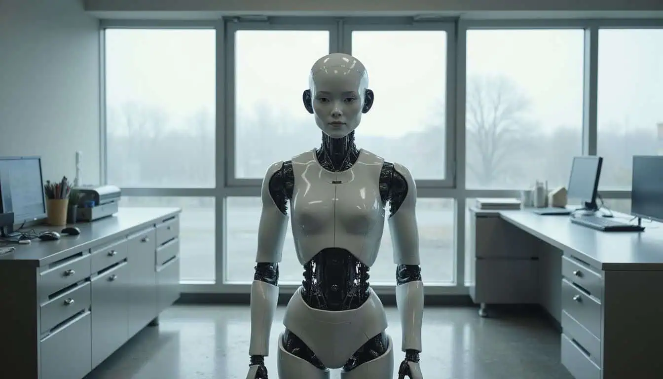 A humanoid robot with lifelike features stands in a modern, high-tech laboratory among sleek workstations and holographic displays. A humanoid robot with lifelike features stands in a modern, high-tech laboratory among sleek workstations and holographic displays.