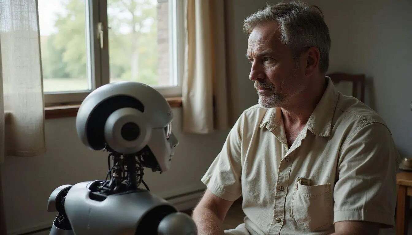 A middle-aged man sits quietly with his advanced robot companion in a modest, warmly worn room. A middle-aged man sits quietly with his advanced robot companion in a modest, warmly worn room.