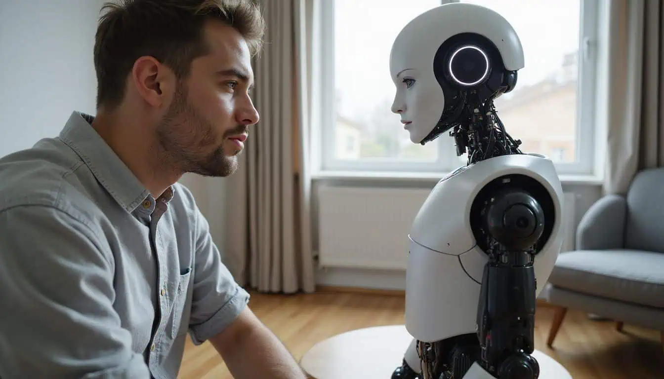 A man engages thoughtfully with a lifelike humanoid AI robot in a modern, minimalist living room. A man engages thoughtfully with a lifelike humanoid AI robot in a modern, minimalist living room.