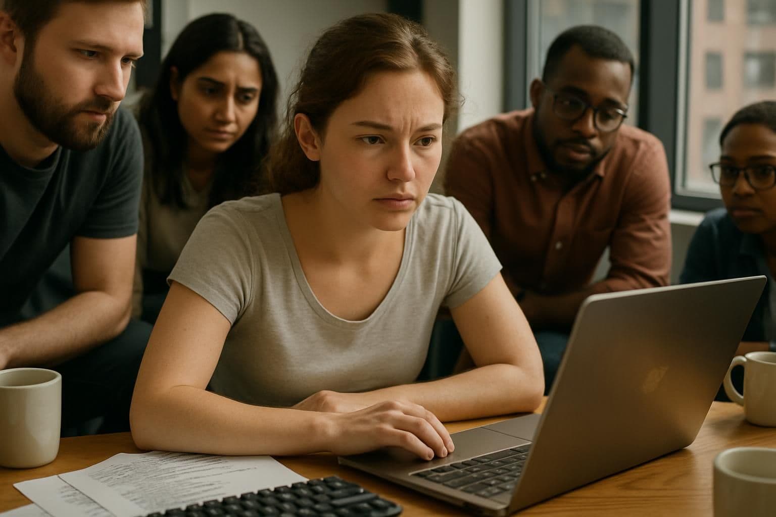 A focused young woman collaborates with colleagues at a cluttered desk in a modern office setting. A focused young woman collaborates with colleagues at a cluttered desk in a modern office setting.
