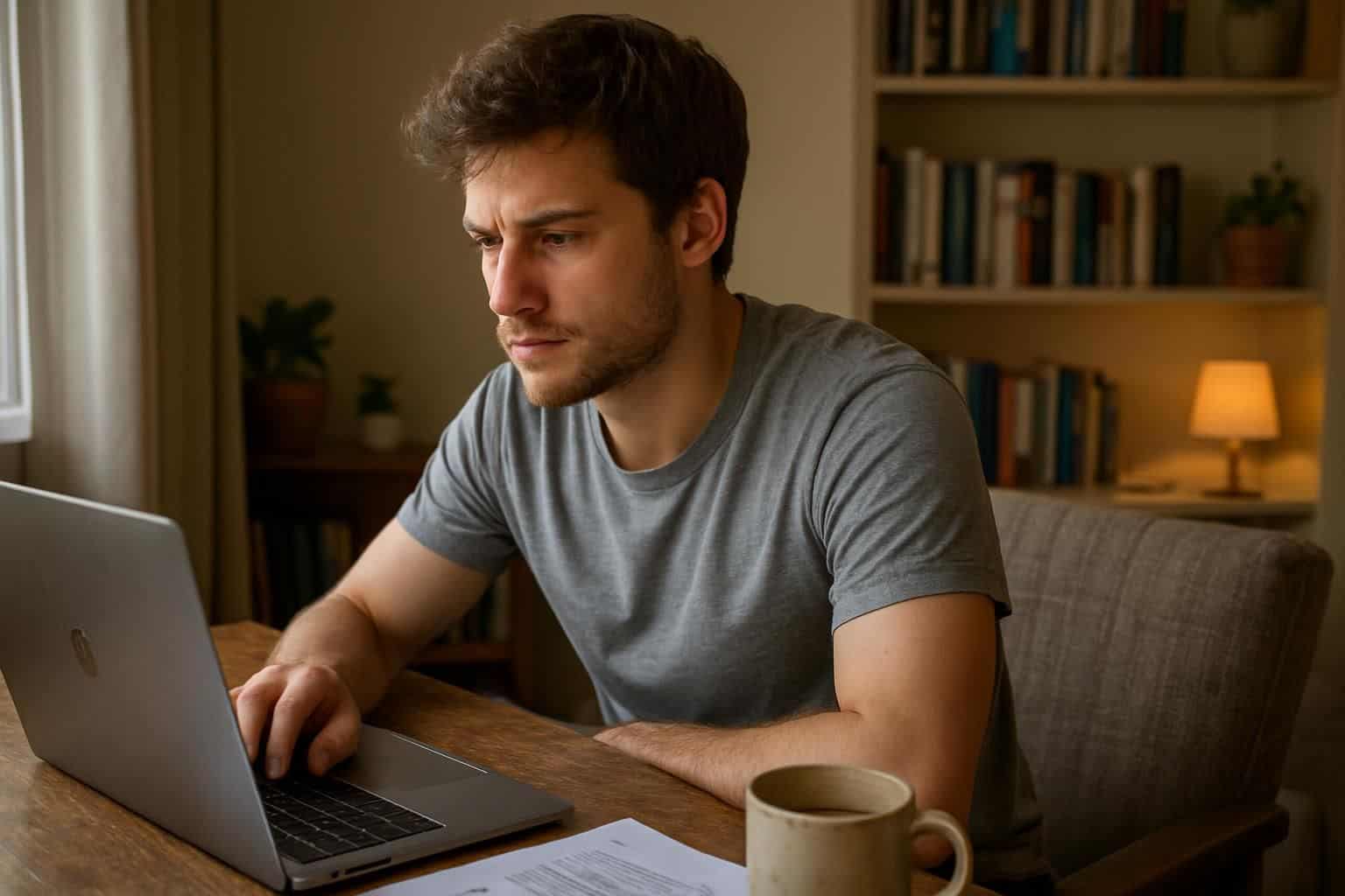 A focused young man with stubble works intently at a cluttered desk in a cozy home office. A focused young man with stubble works intently at a cluttered desk in a cozy home office.