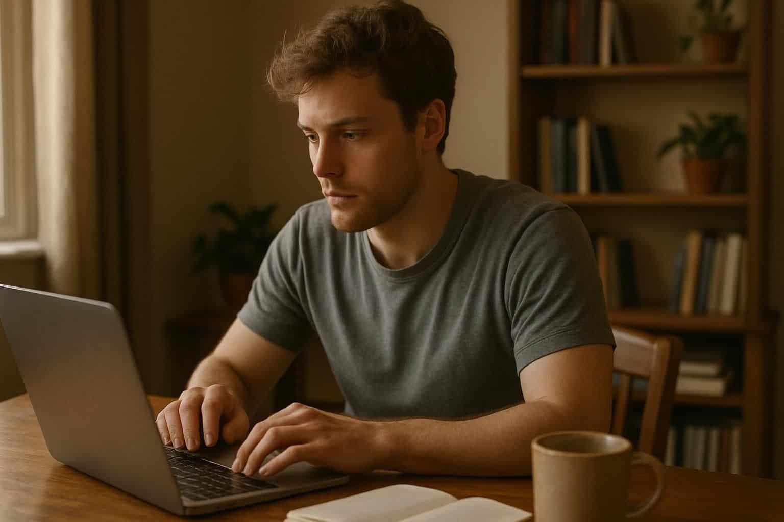 A young man focuses on his laptop at a wooden desk, surrounded by books and plants in a cozy home office. A young man focuses on his laptop at a wooden desk, surrounded by books and plants in a cozy home office.
