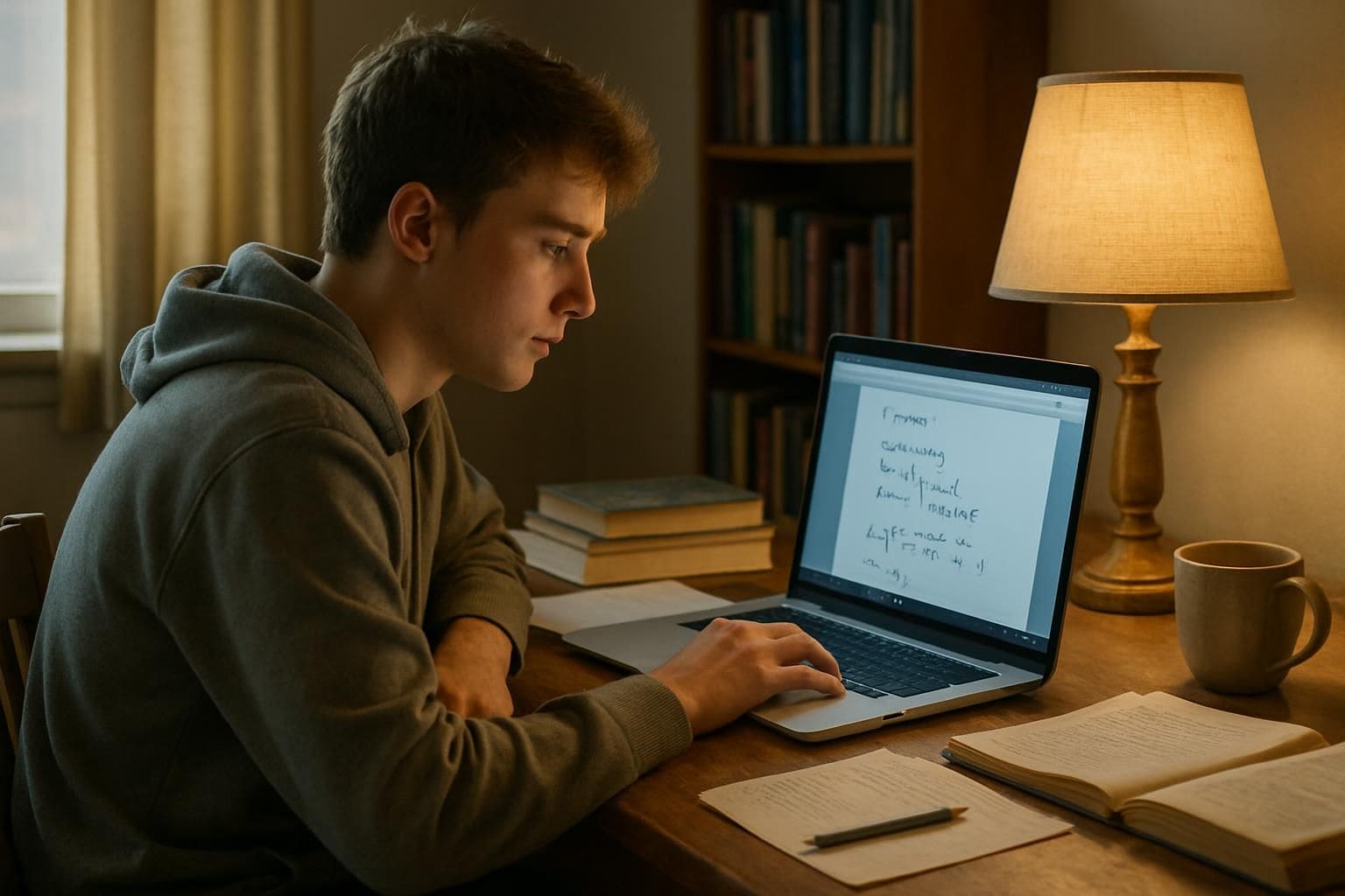 A focused college student studies a math tutorial at a cluttered wooden desk filled with textbooks and notes. A focused college student studies a math tutorial at a cluttered wooden desk filled with textbooks and notes.