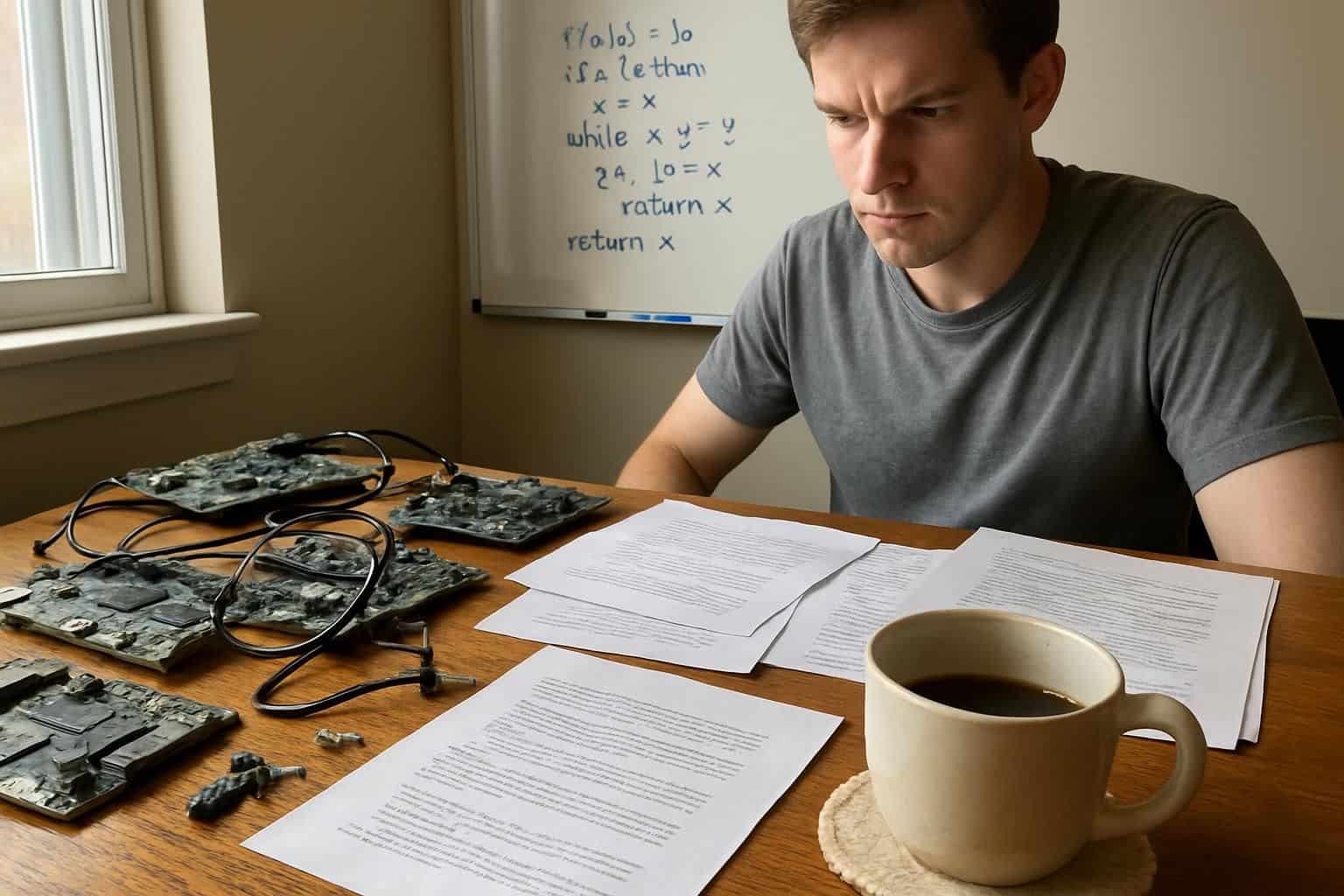 A person works intently at a cluttered desk filled with computer components, notes, and a coffee cup. A person works intently at a cluttered desk filled with computer components, notes, and a coffee cup.