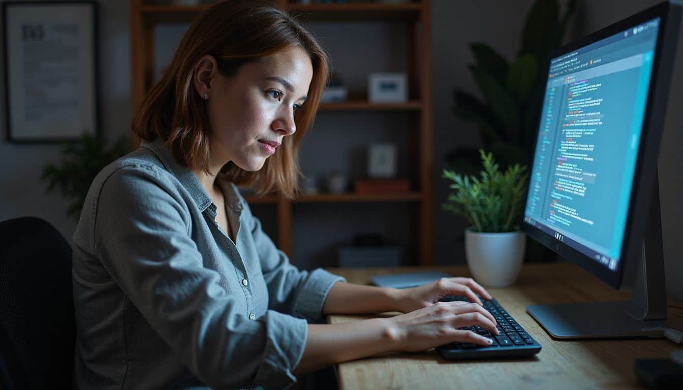 A woman in her 30s sits at a desk, focused on cybersecurity work. A woman in her 30s sits at a desk, focused on cybersecurity work.