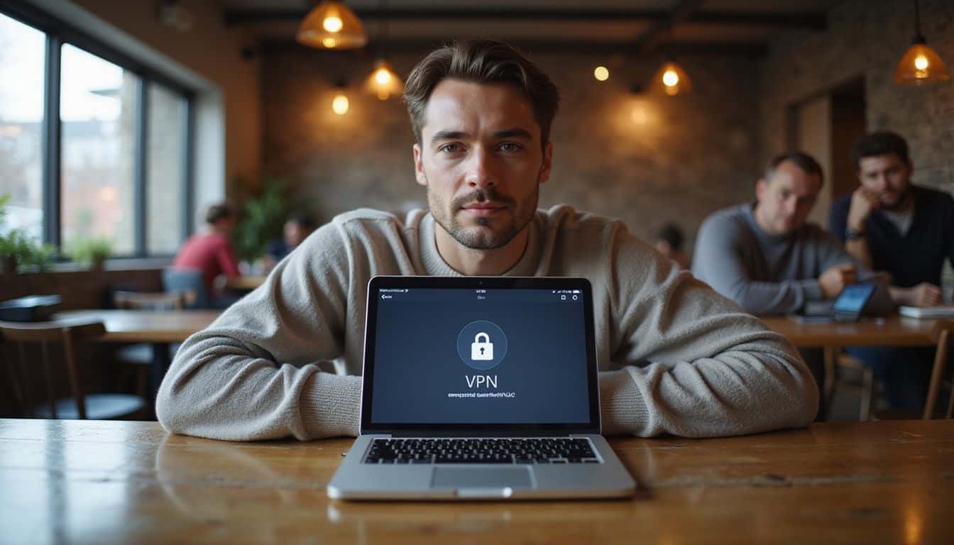 A person working on a laptop with VPN interface in a cozy coffee shop. A person working on a laptop with VPN interface in a cozy coffee shop.