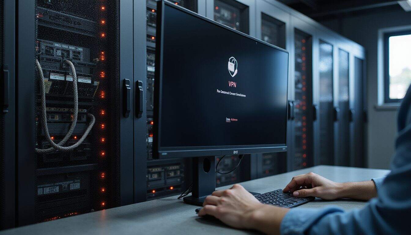 A computer monitor displays VPN and firewall status next to a server rack with Ethernet cables. A computer monitor displays VPN and firewall status next to a server rack with Ethernet cables.